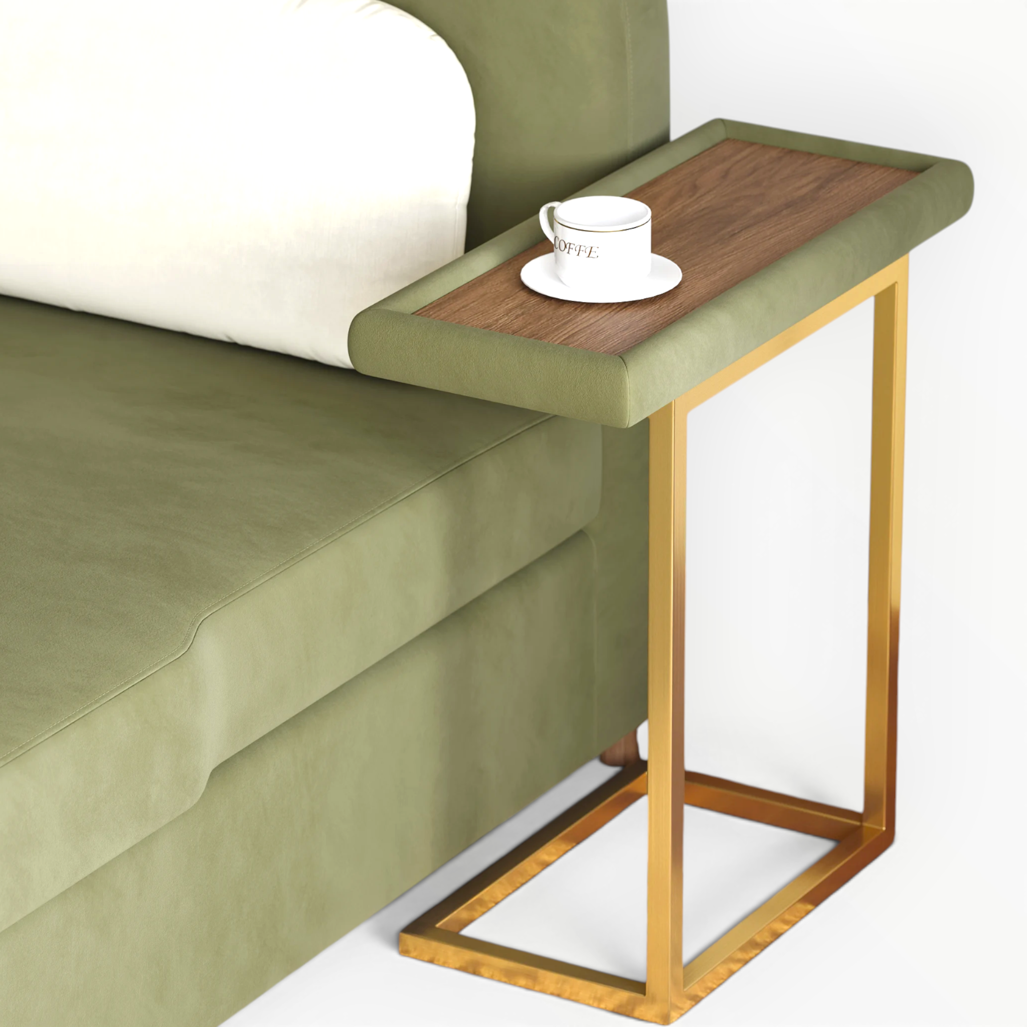 Green sofa with a wooden side table and a cup on a white background