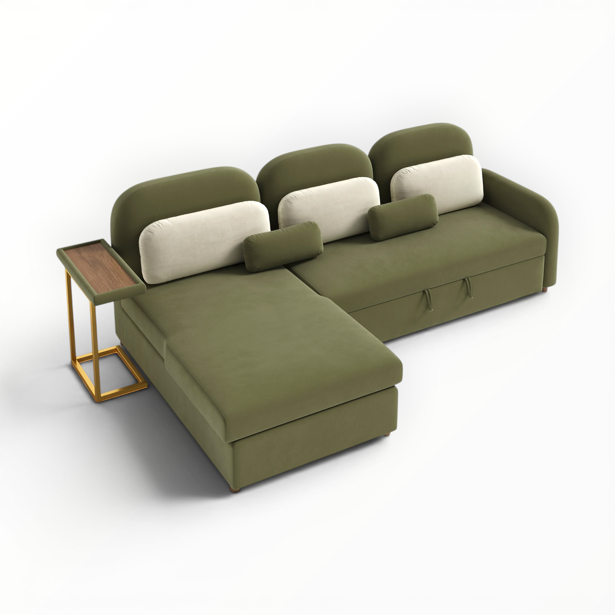 Green sectional sofa with white cushions on a white background
