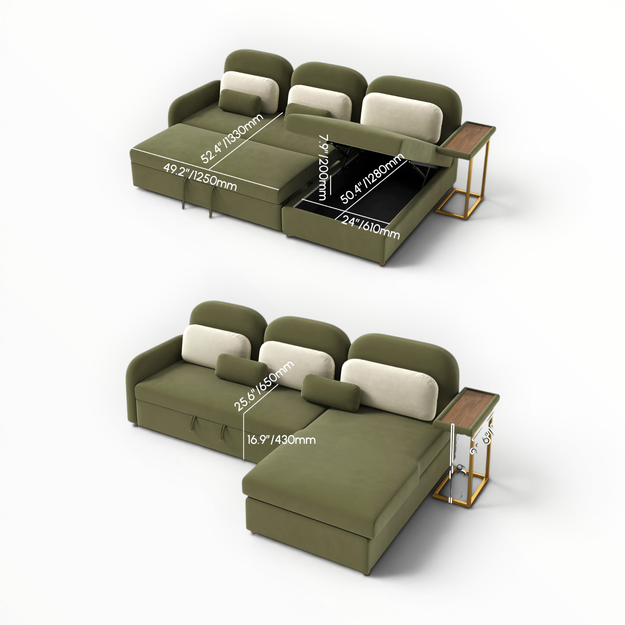 Green sectional sofa with measurements on a white background