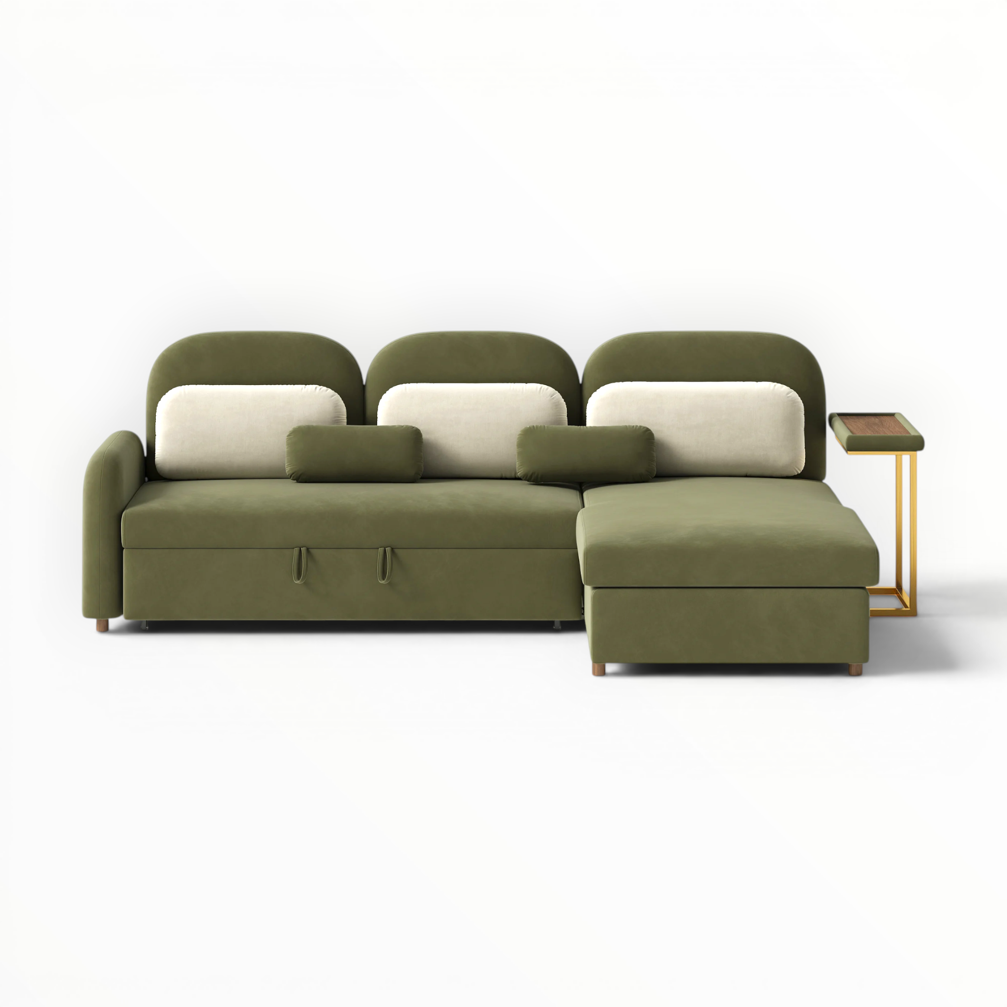 Green sectional sofa with white cushions on a white background
