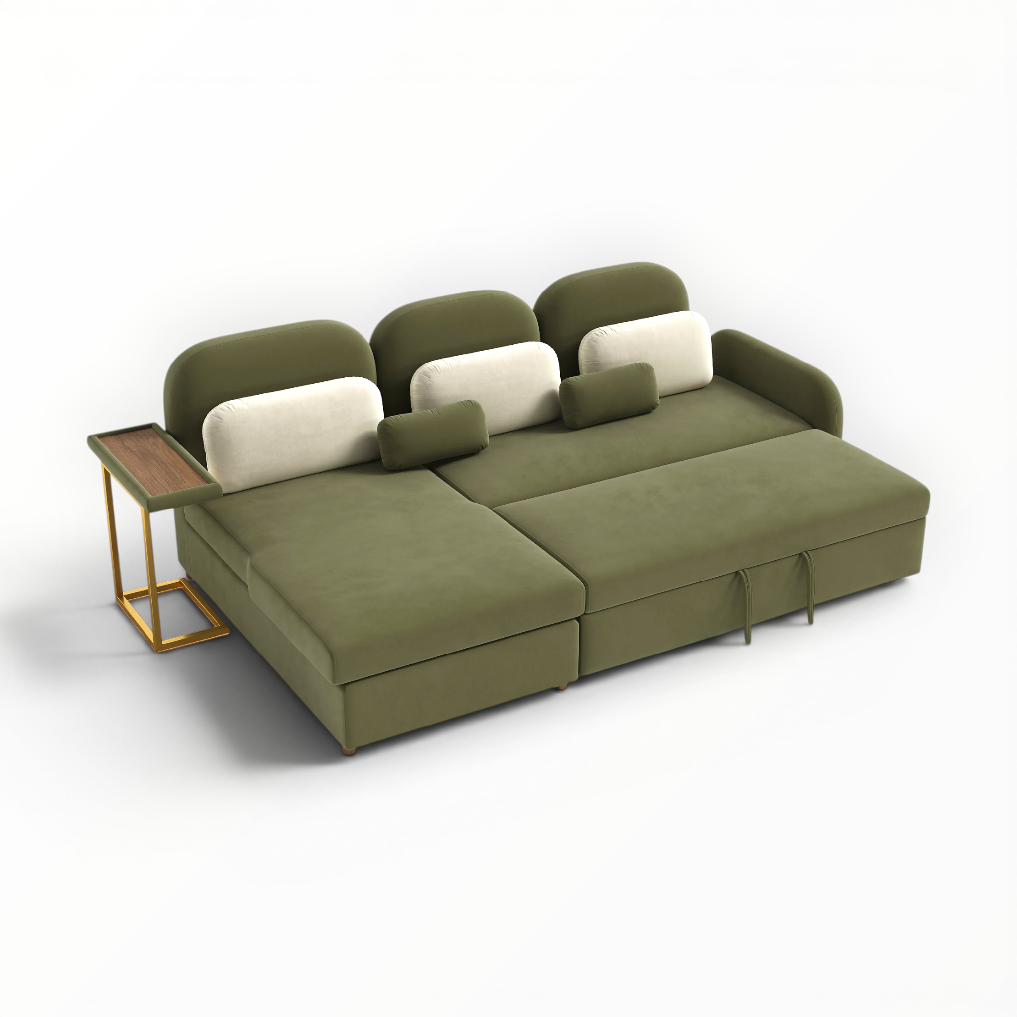 Green sectional sofa with white cushions and a small side table on a white background