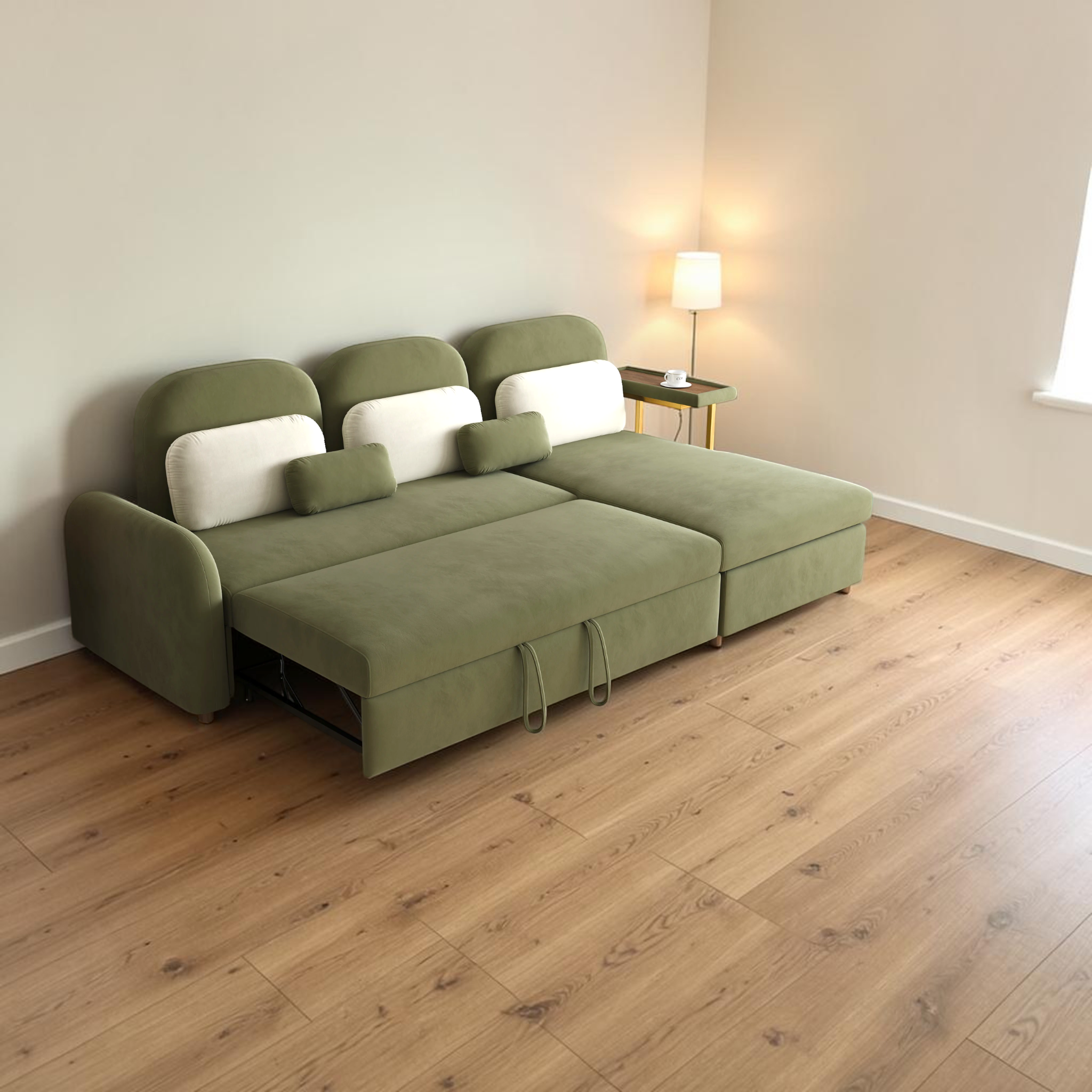 Green sectional sofa in a room with wooden flooring and a lamp.