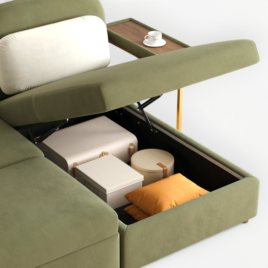 Green sectional sofa with storage compartment open, revealing cushions and boxes.