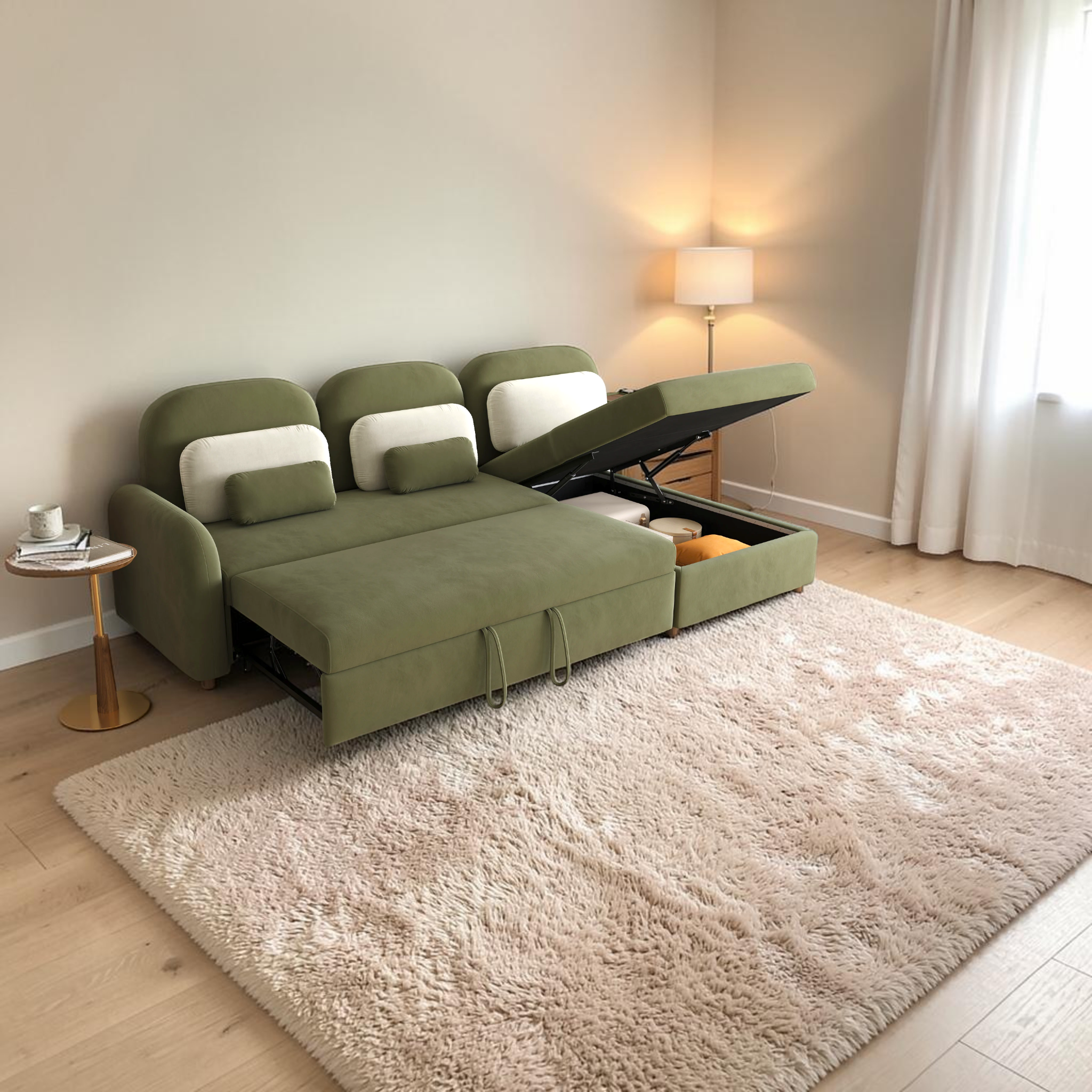 Green sectional sofa with storage compartments in a living room setting.