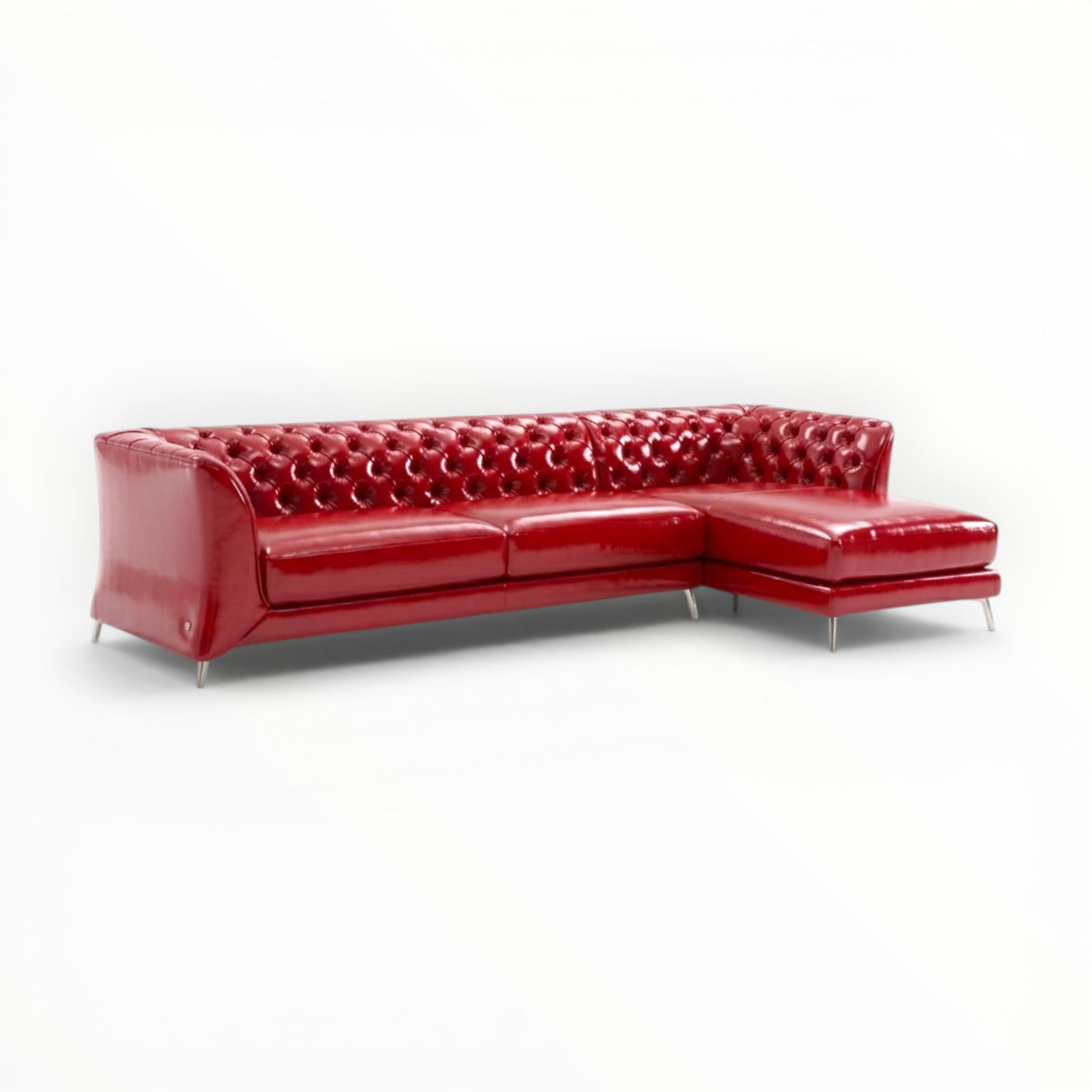 Red leather sectional sofa on a white background