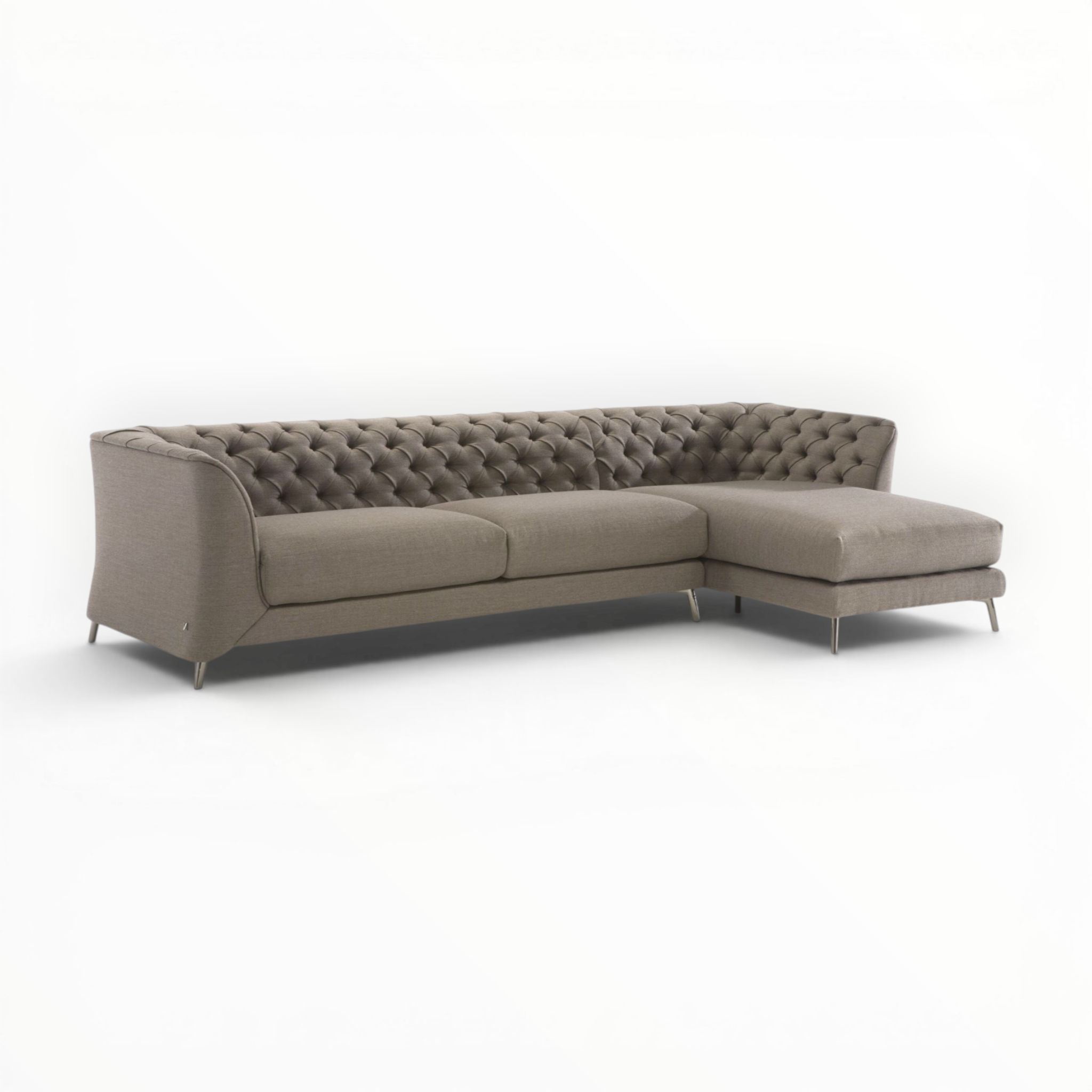 Beige sectional sofa with tufted backrest on a white background