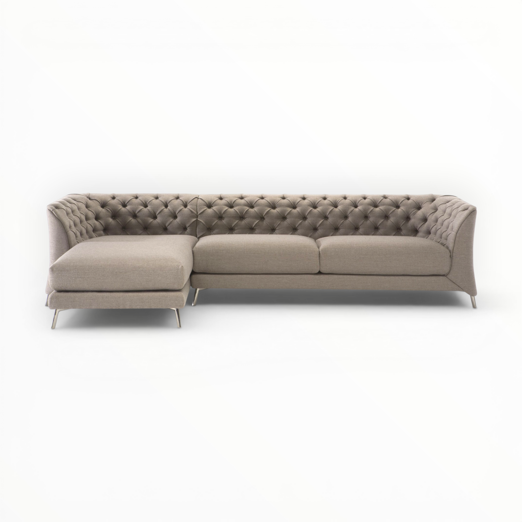 Beige tufted sectional sofa on a white background