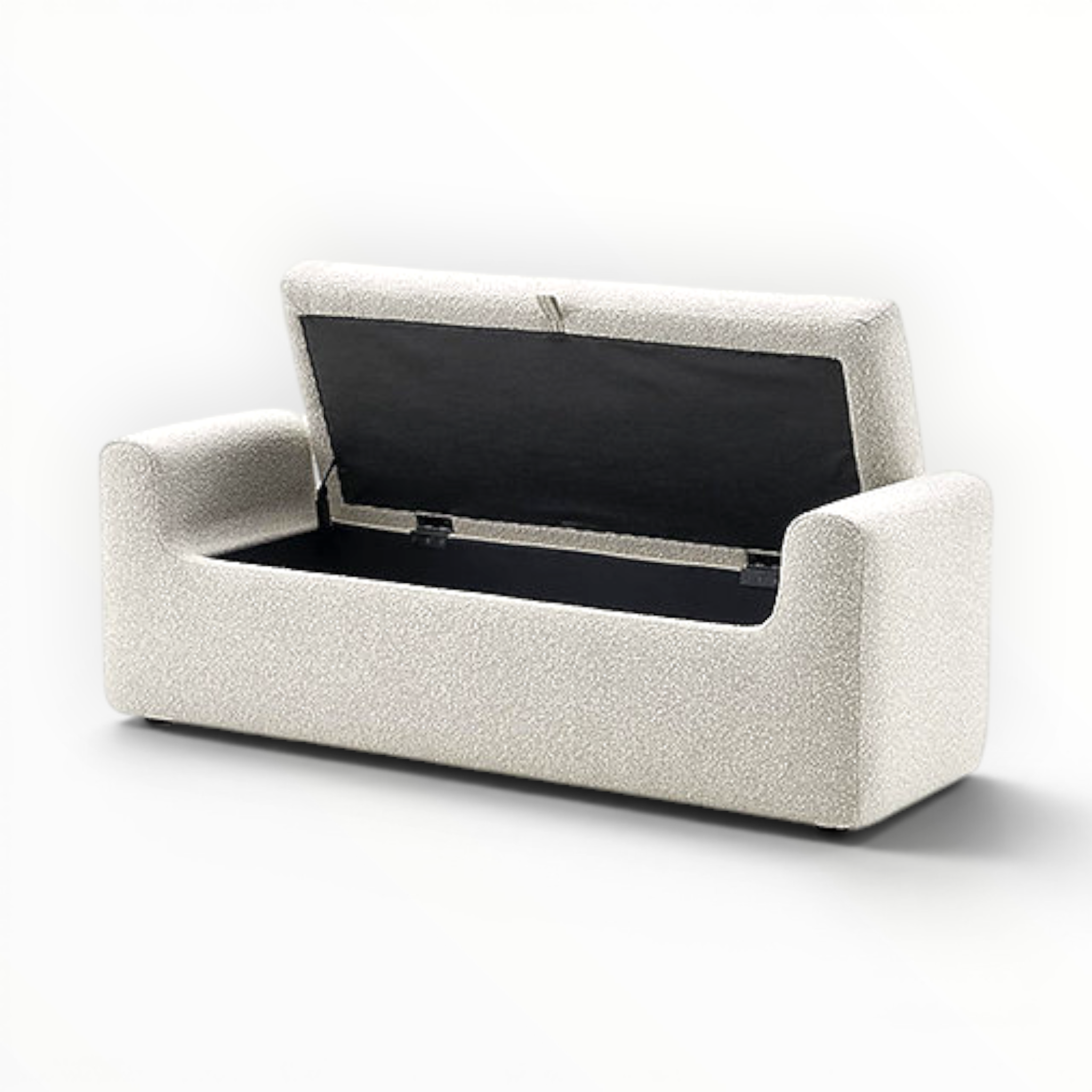 Beige storage bench with black interior on a white background