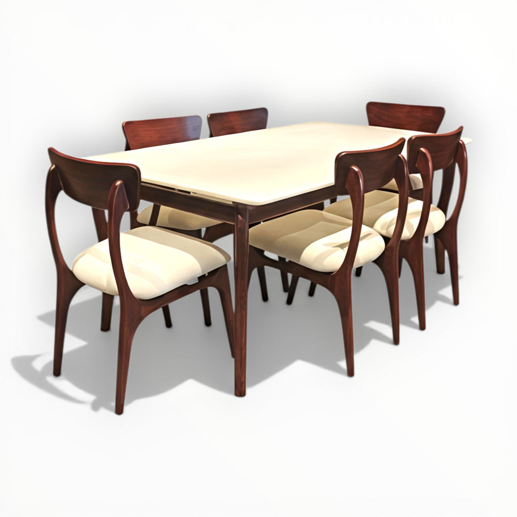 Cresta 6 seater dining table 3/4th shot on white background with marble top