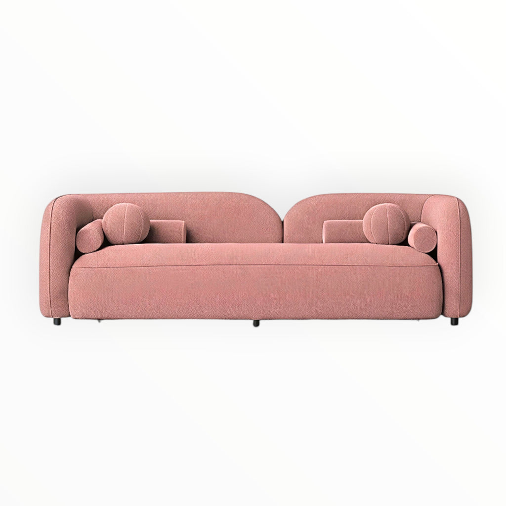Pink sofa with round armrests on a white background