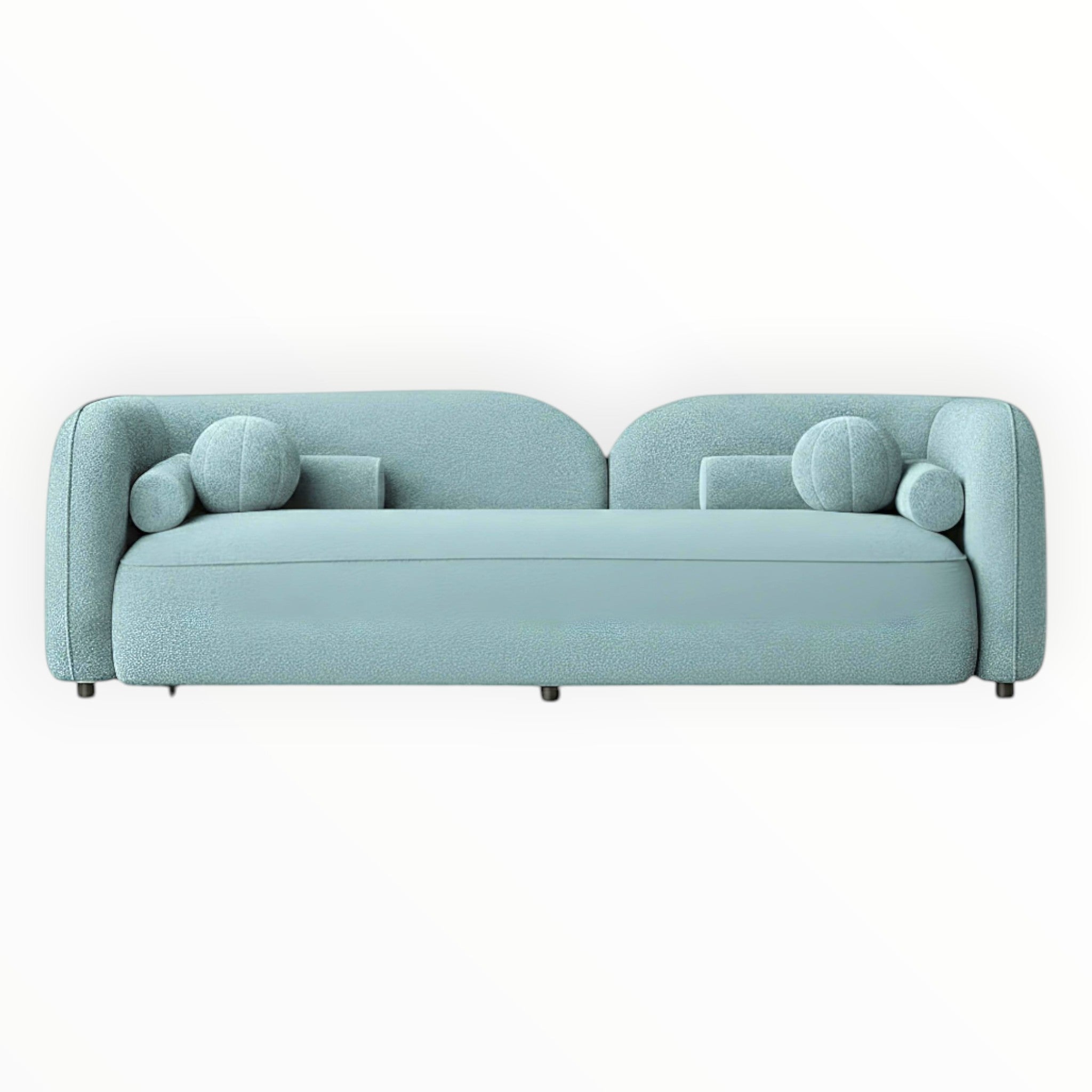 Light blue sofa with spherical armrests on a white background