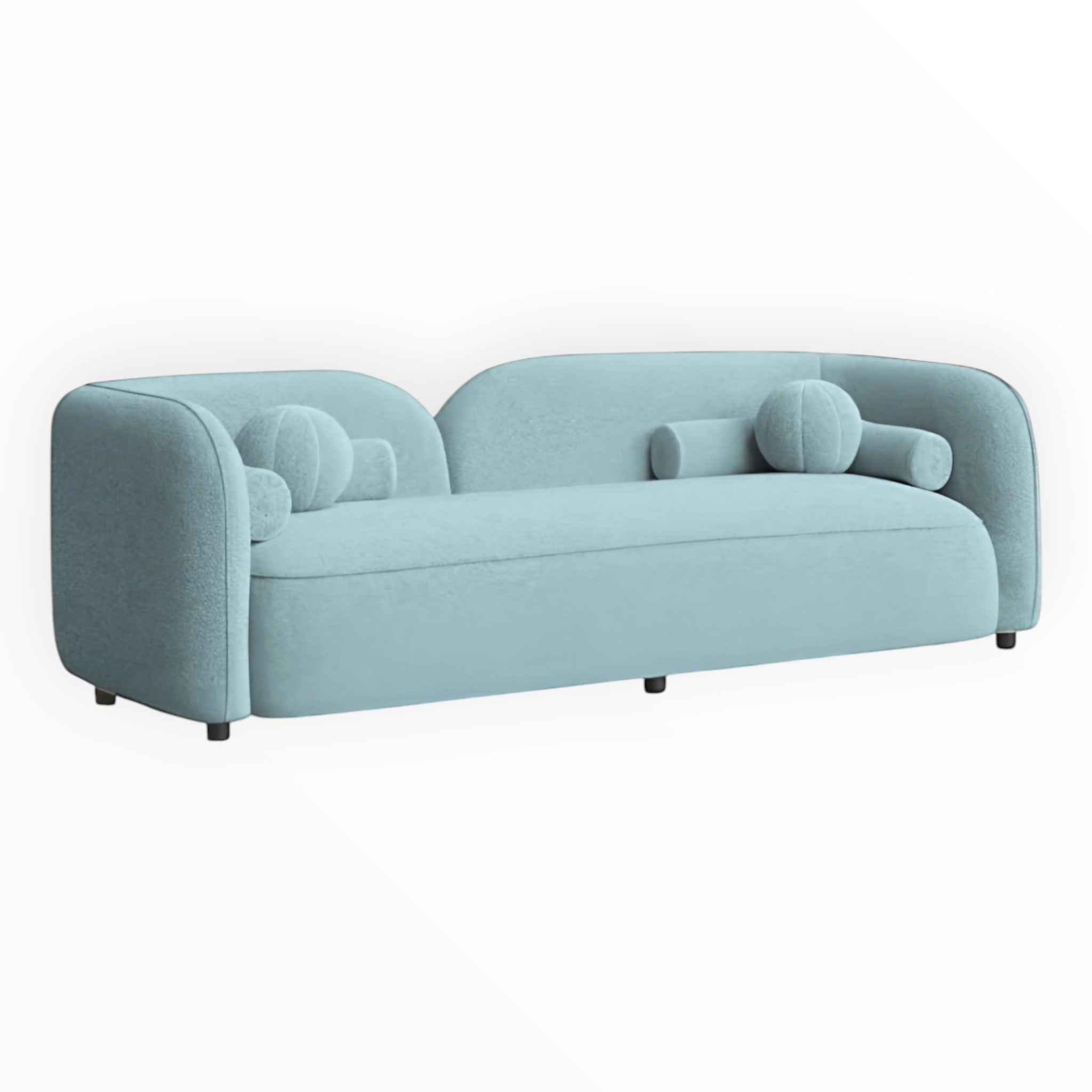 Light blue sofa with circular armrests on a white background
