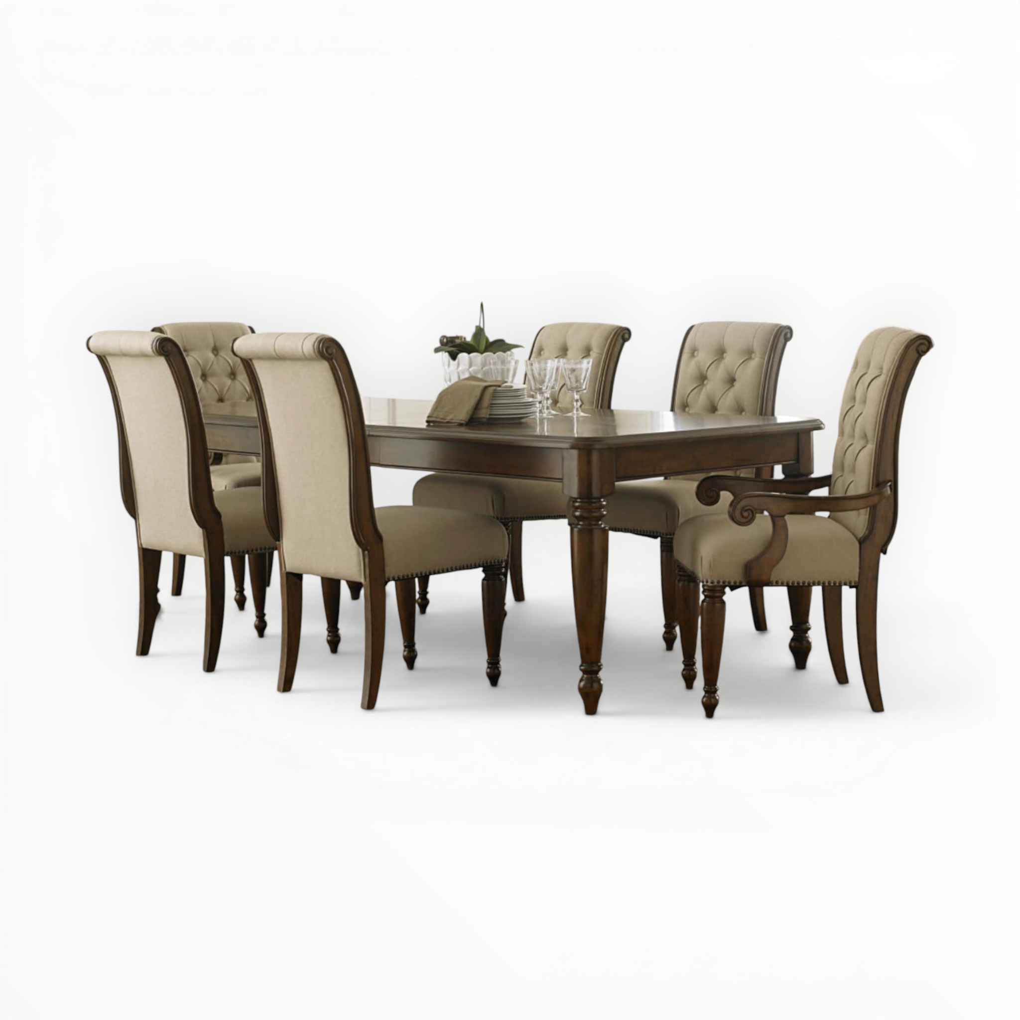 Dining table set with six chairs on a white background