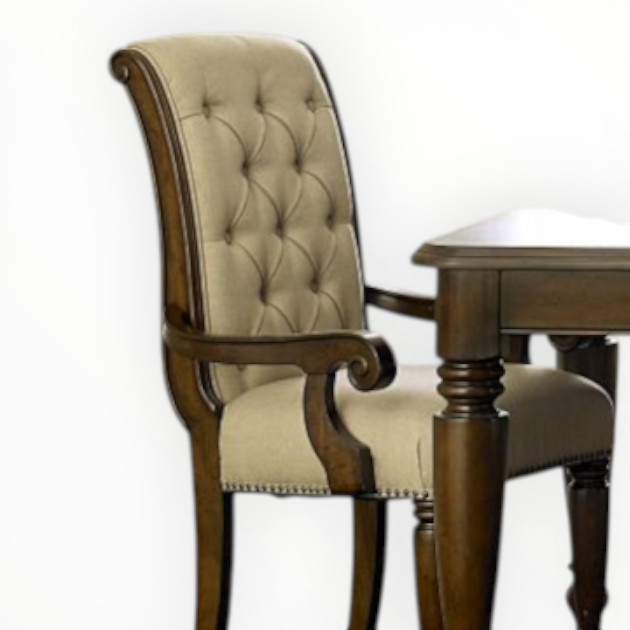 Beige upholstered chair with wooden armrests next to a wooden table on a white background