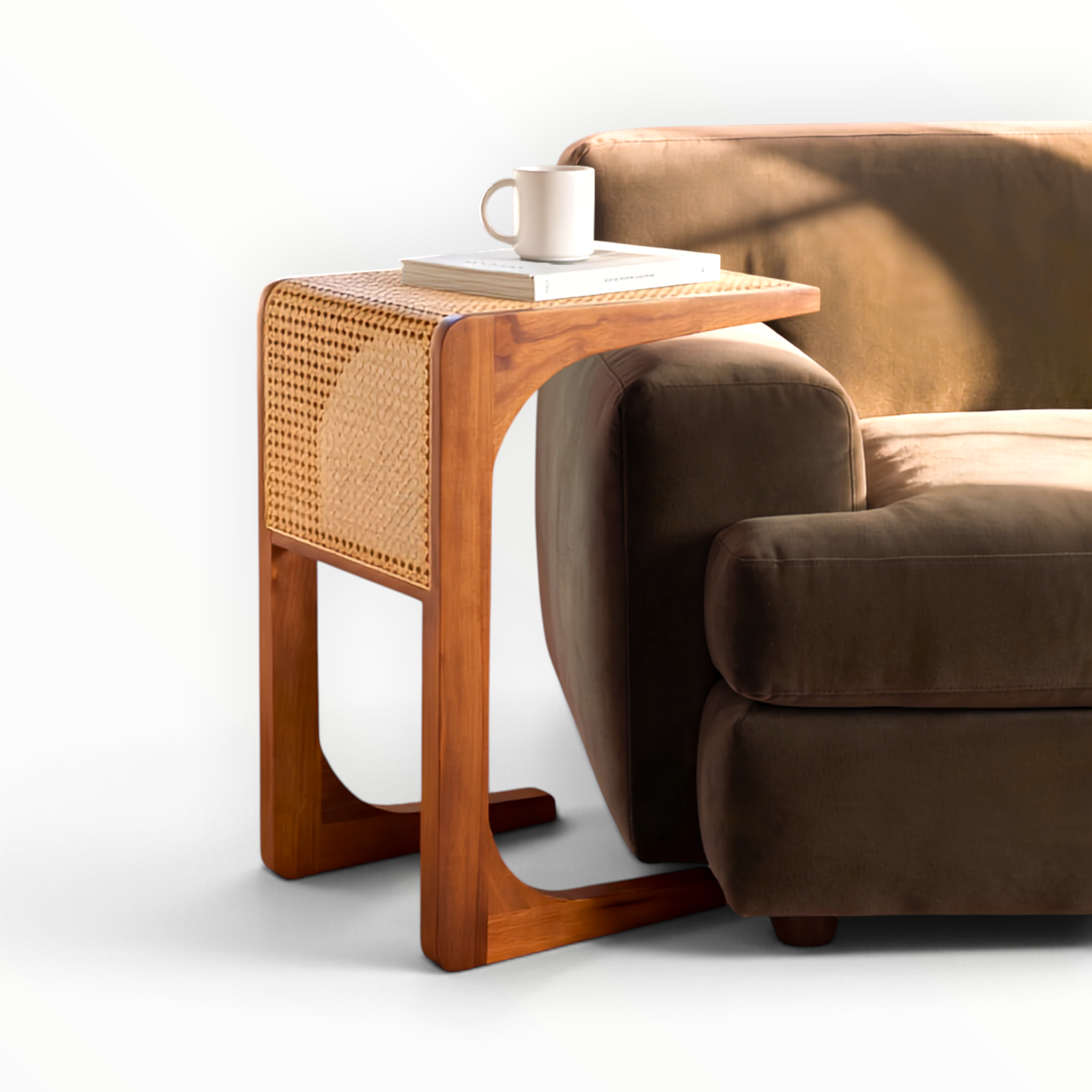 Linear cane side table — PVC rattan top detail with solid teakwood frame