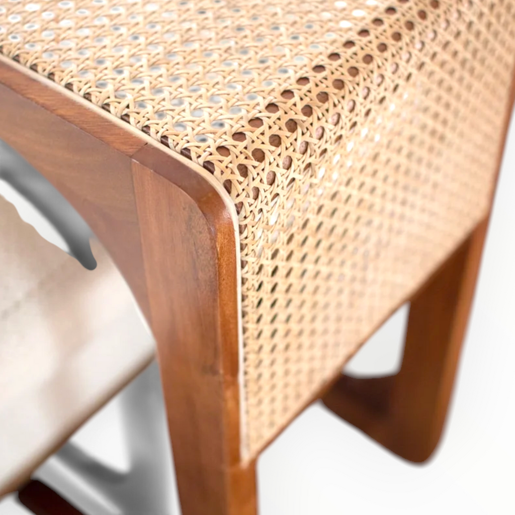 Handwoven PVC rattan panel detail on the Linear side table by Woodkraft Studio