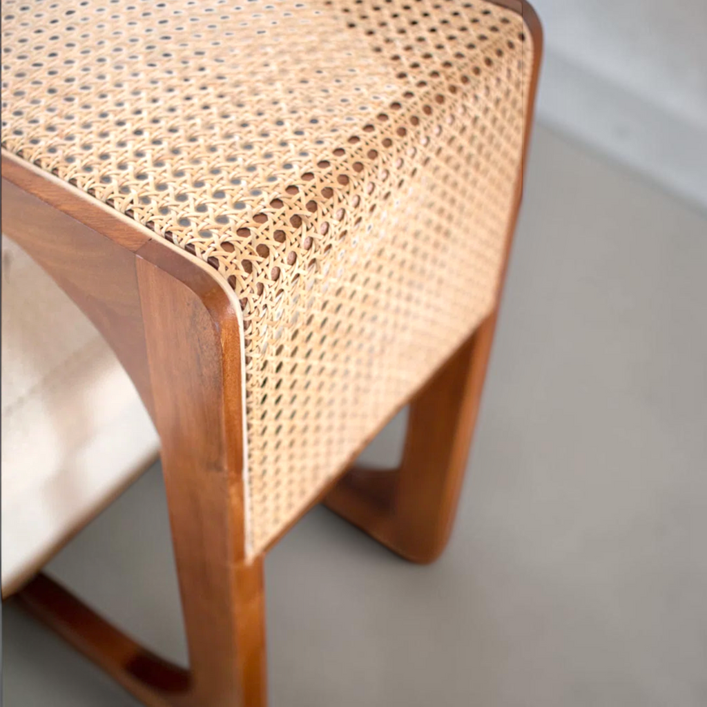 Linear teakwood and rattan C-table beside a sofa — bedside and end table by Woodkraft Studio Hyderabad