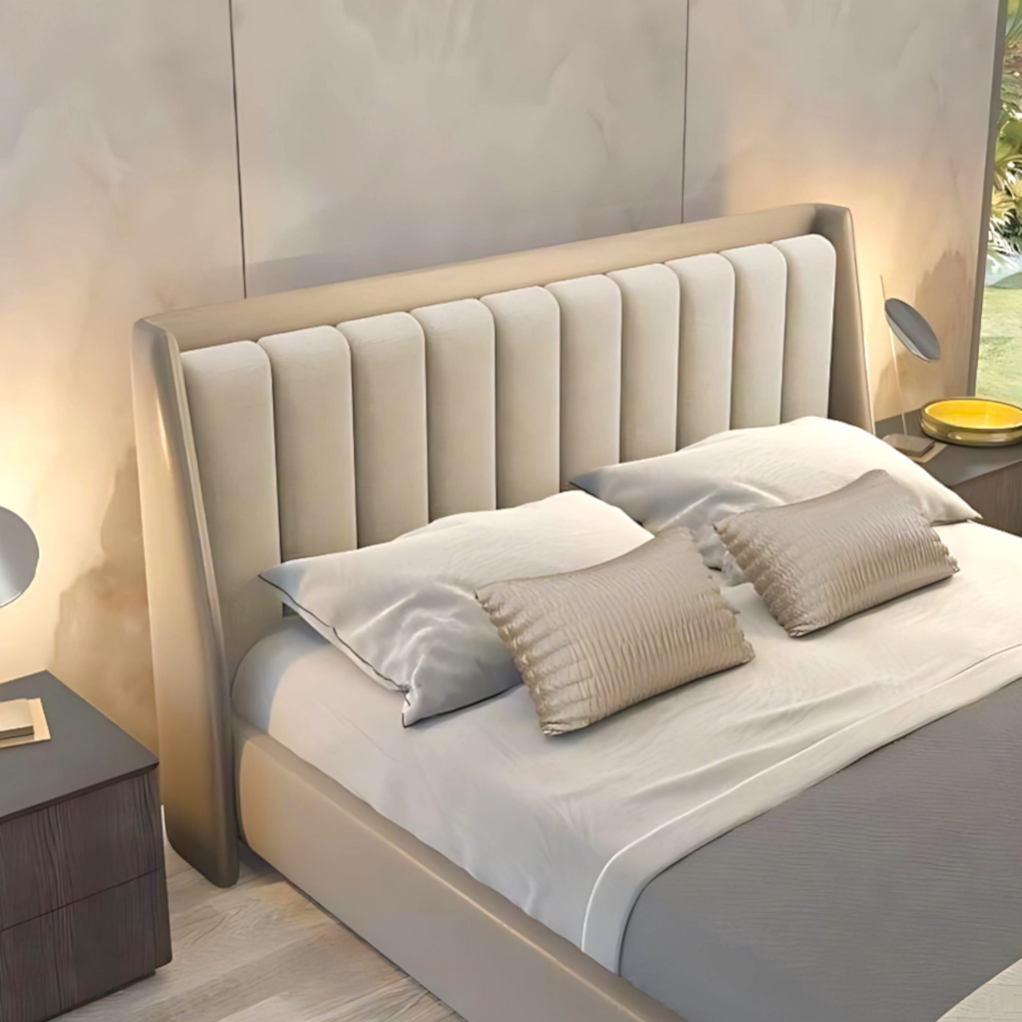 Beige upholstered bed with pillows in a bedroom setting