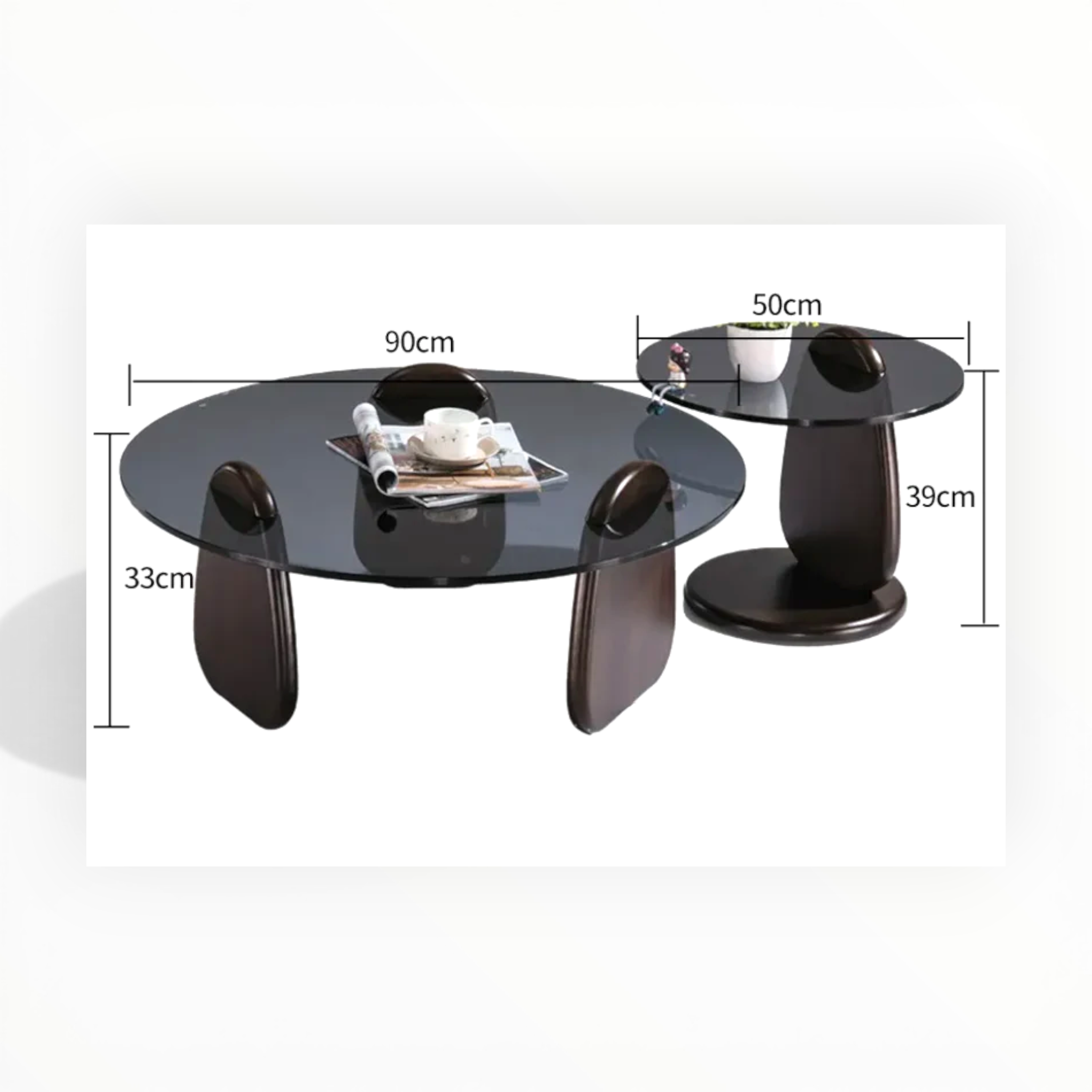 Glass coffee table with dimensions labeled on a white background