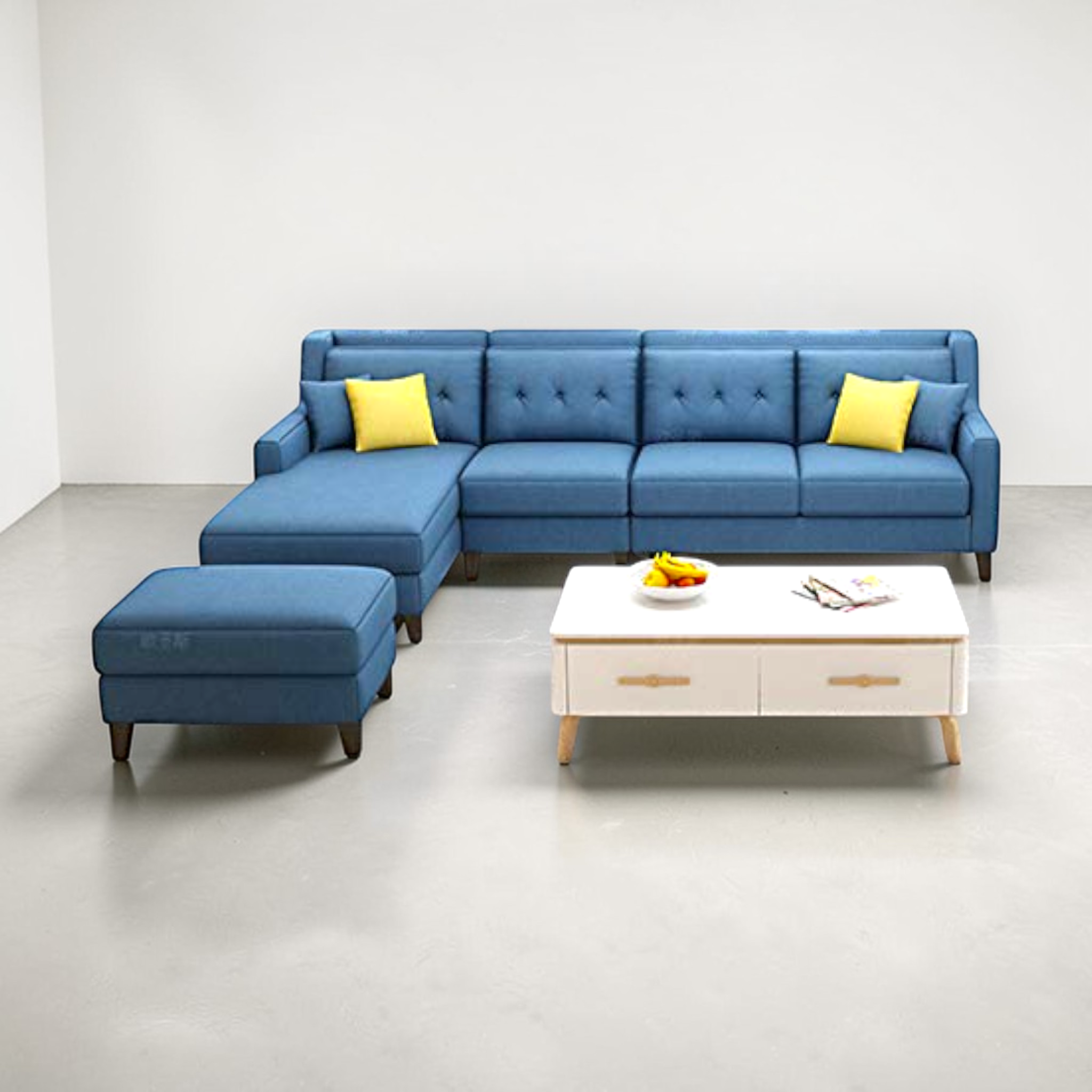 Blue sectional sofa with yellow cushions and a coffee table in a minimalistic room.