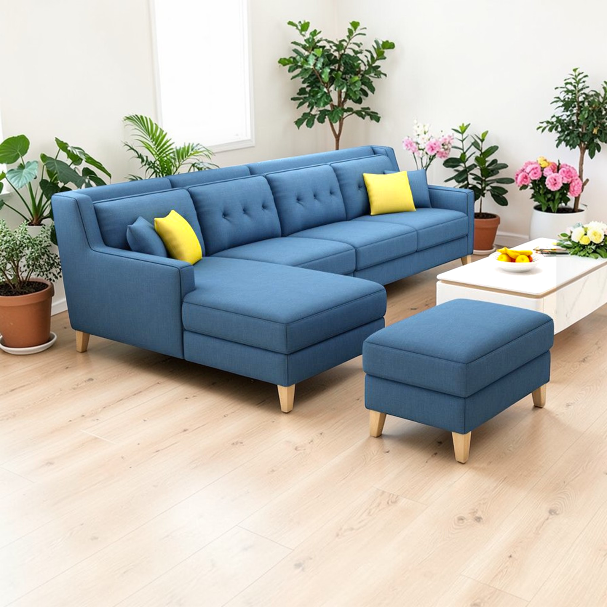 Blue sectional sofa with yellow pillows in a living room setting with plants and a coffee table.