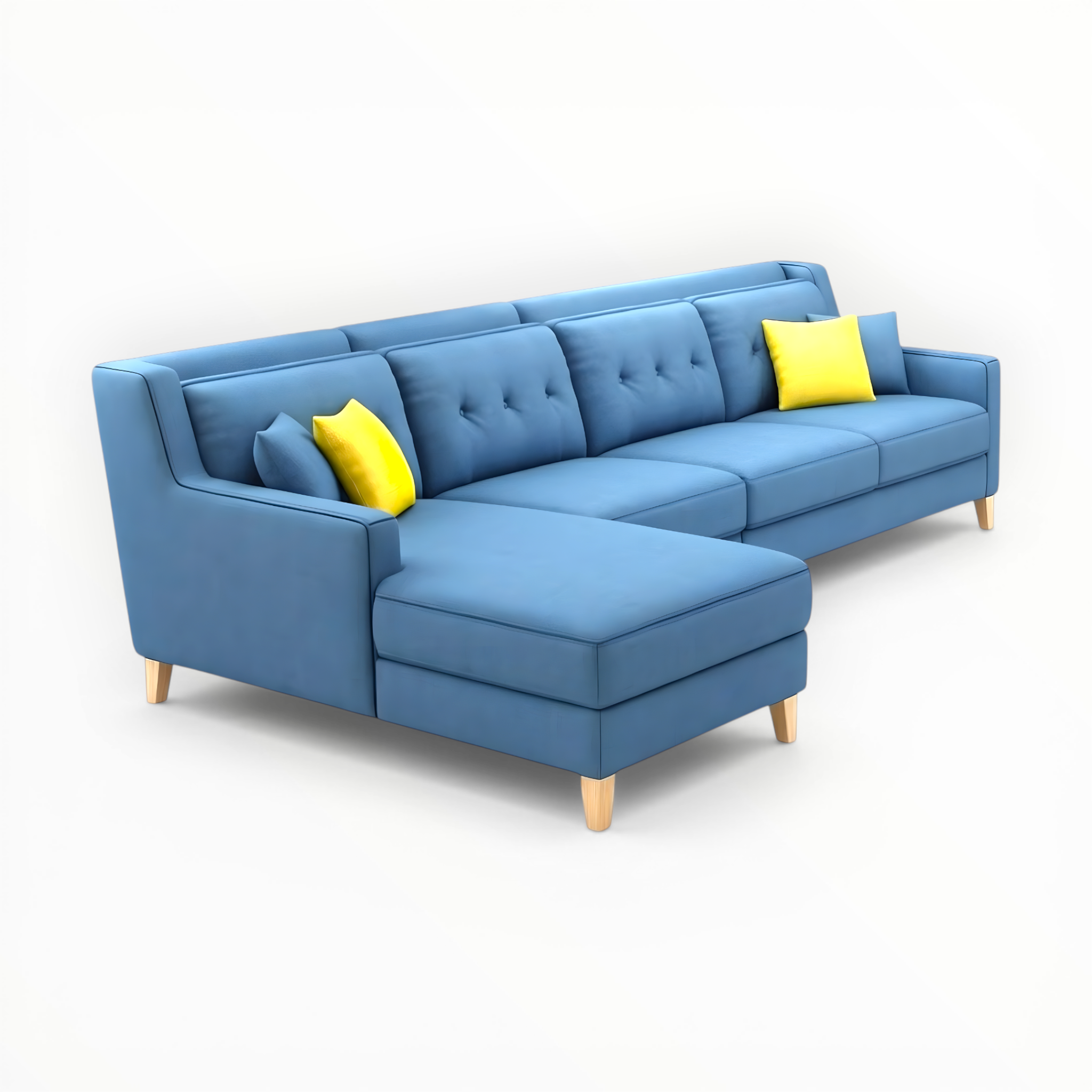 Blue sectional sofa with yellow cushions on a white background