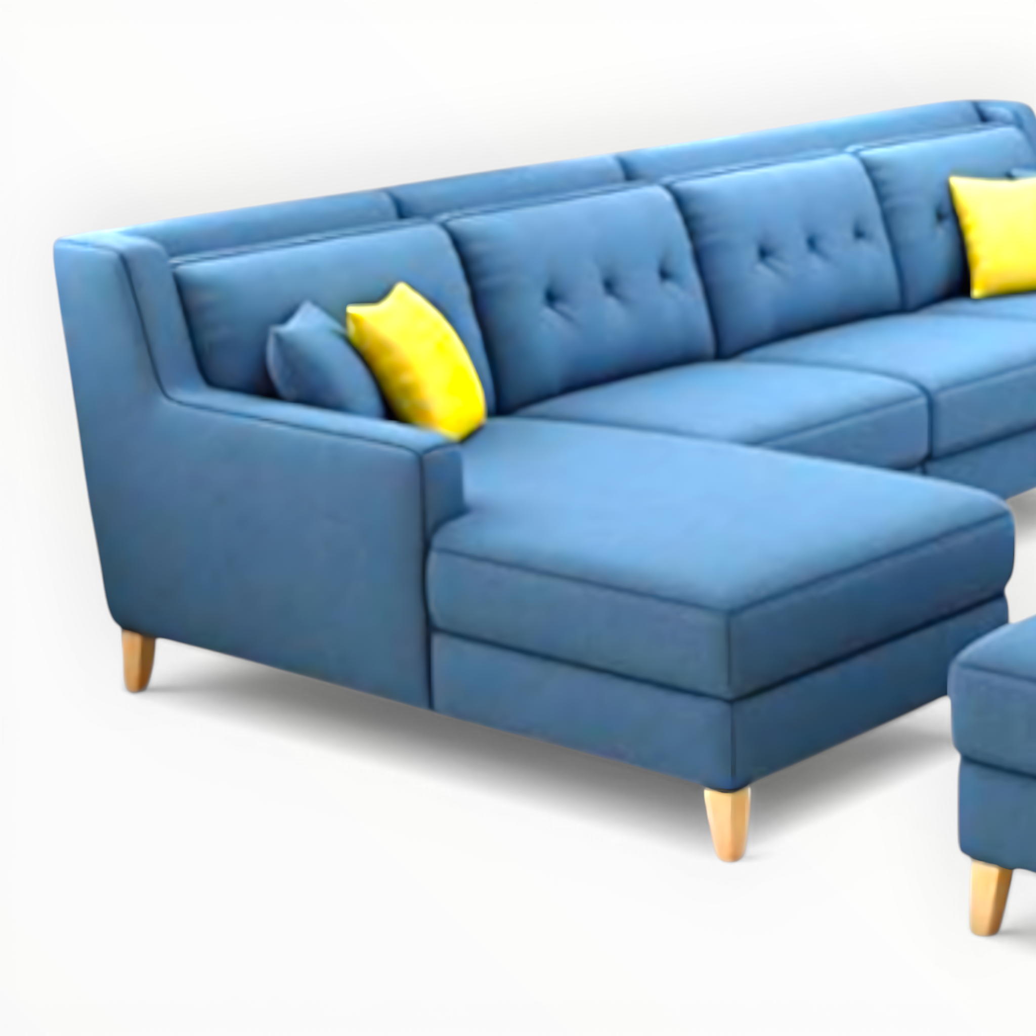 Blue sectional sofa with yellow cushions on a white background