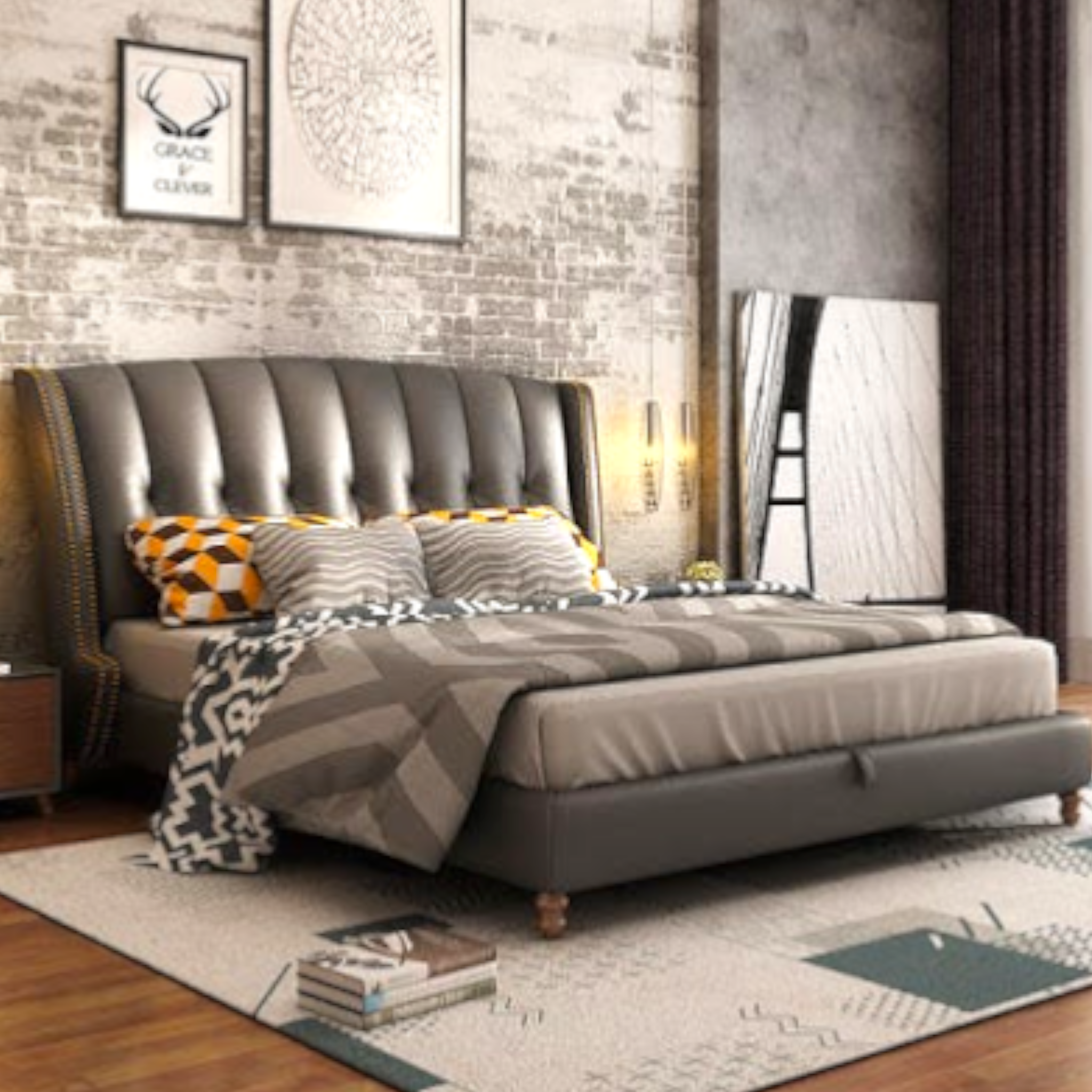 Gray upholstered bed with striped bedding in a bedroom setting.