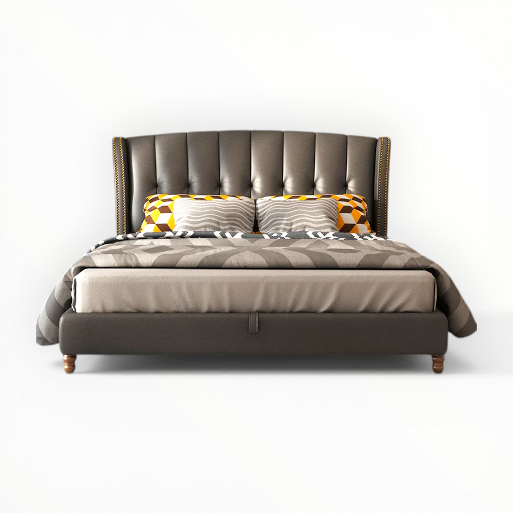 Brown upholstered bed with patterned bedding and pillows on a white background