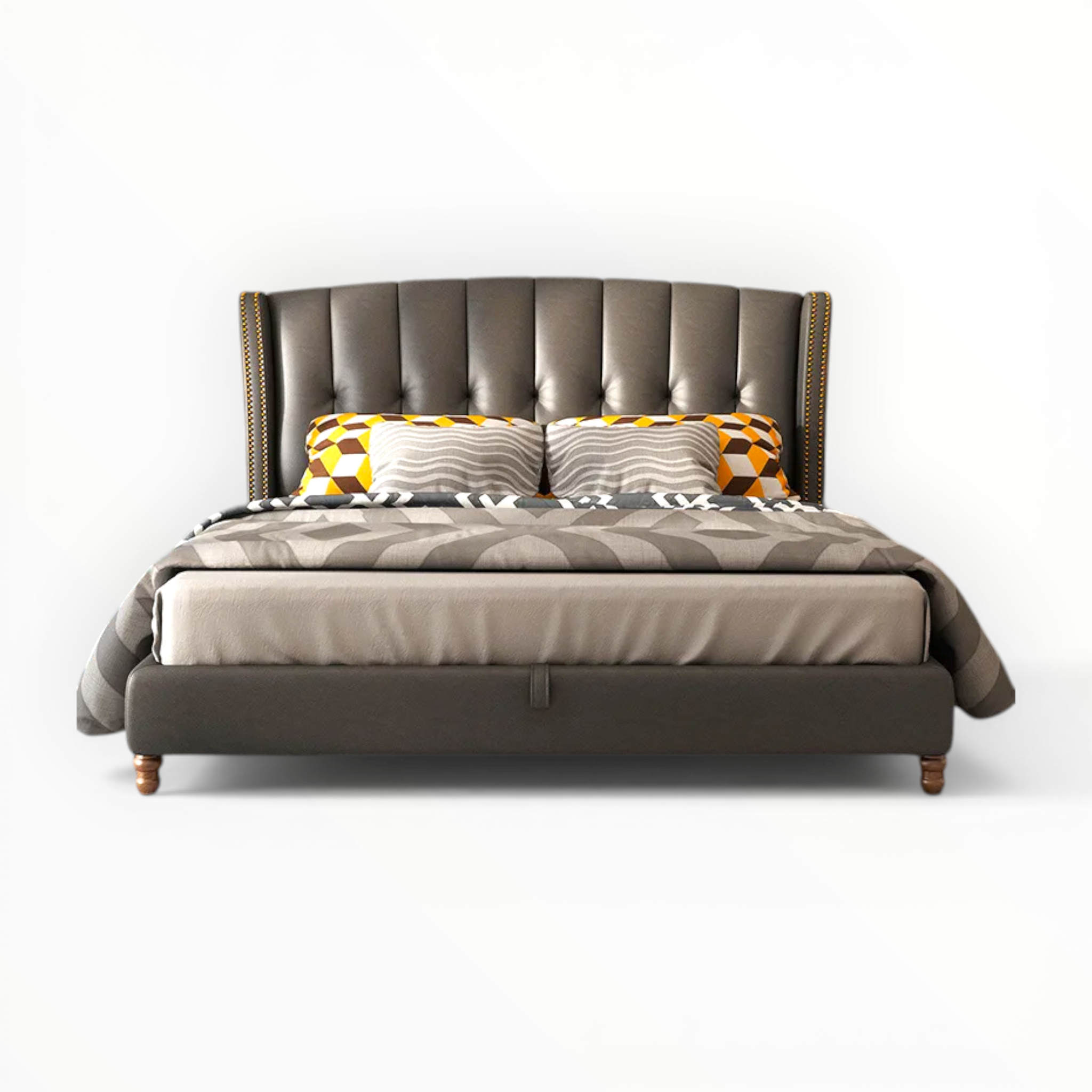 Brown upholstered bed with patterned bedding and pillows on a white background