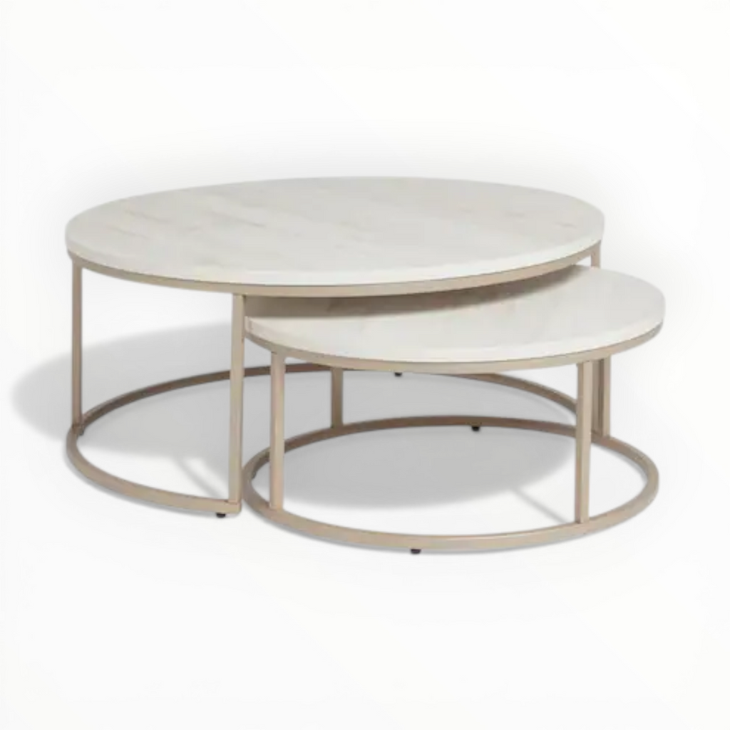 Sienna Nesting Coffee Table Set | 2-Piece Round Wood/Ceramic Top & Metal Frame