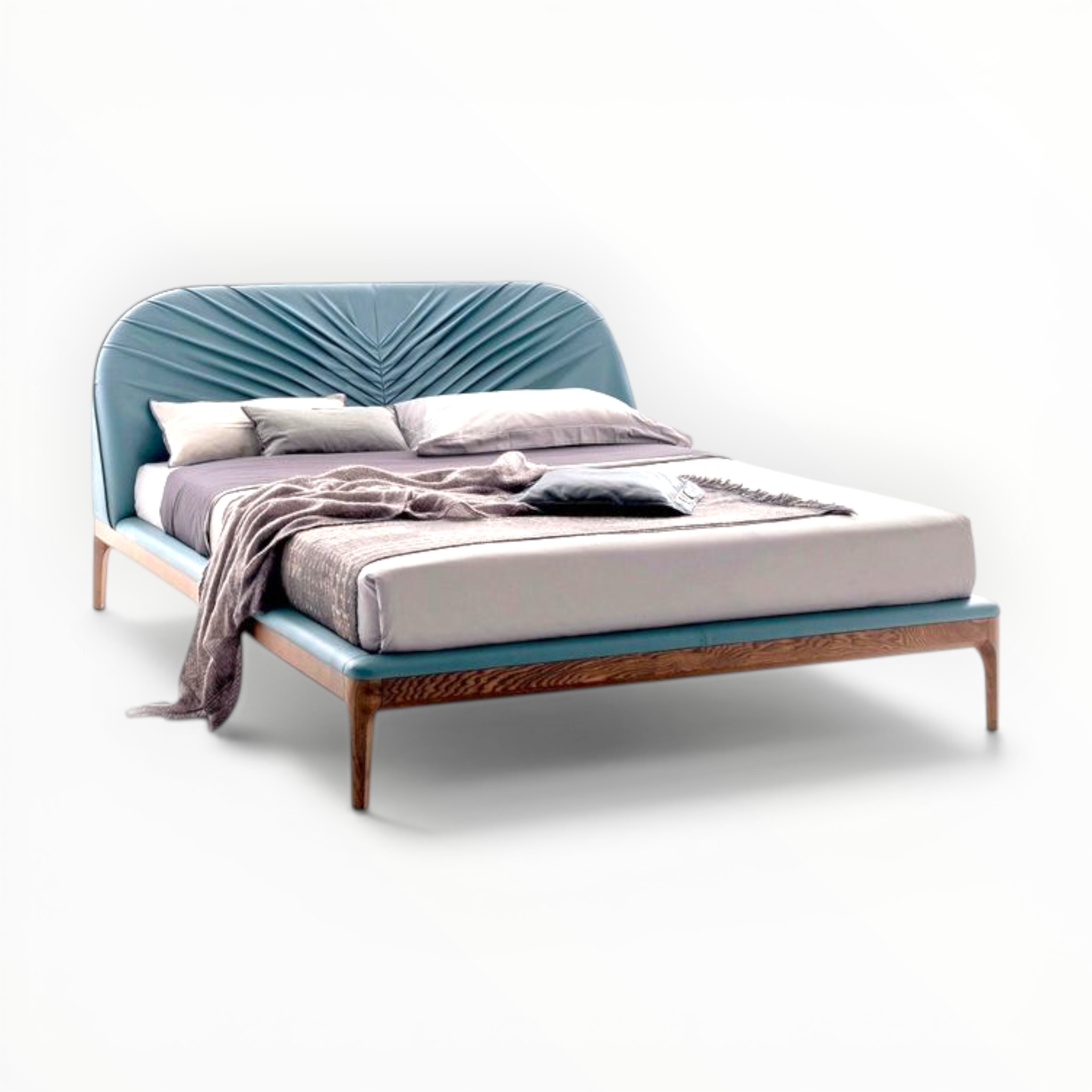 Modern bed with blue headboard and wooden frame on a white background
