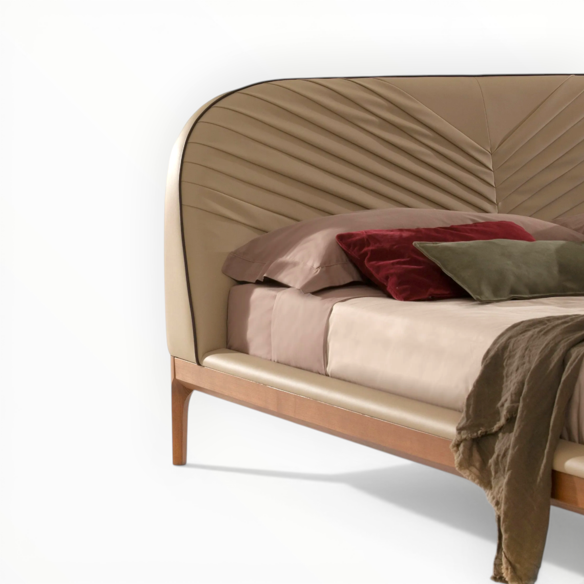 Beige upholstered bed with wooden frame and decorative pillows on a white background