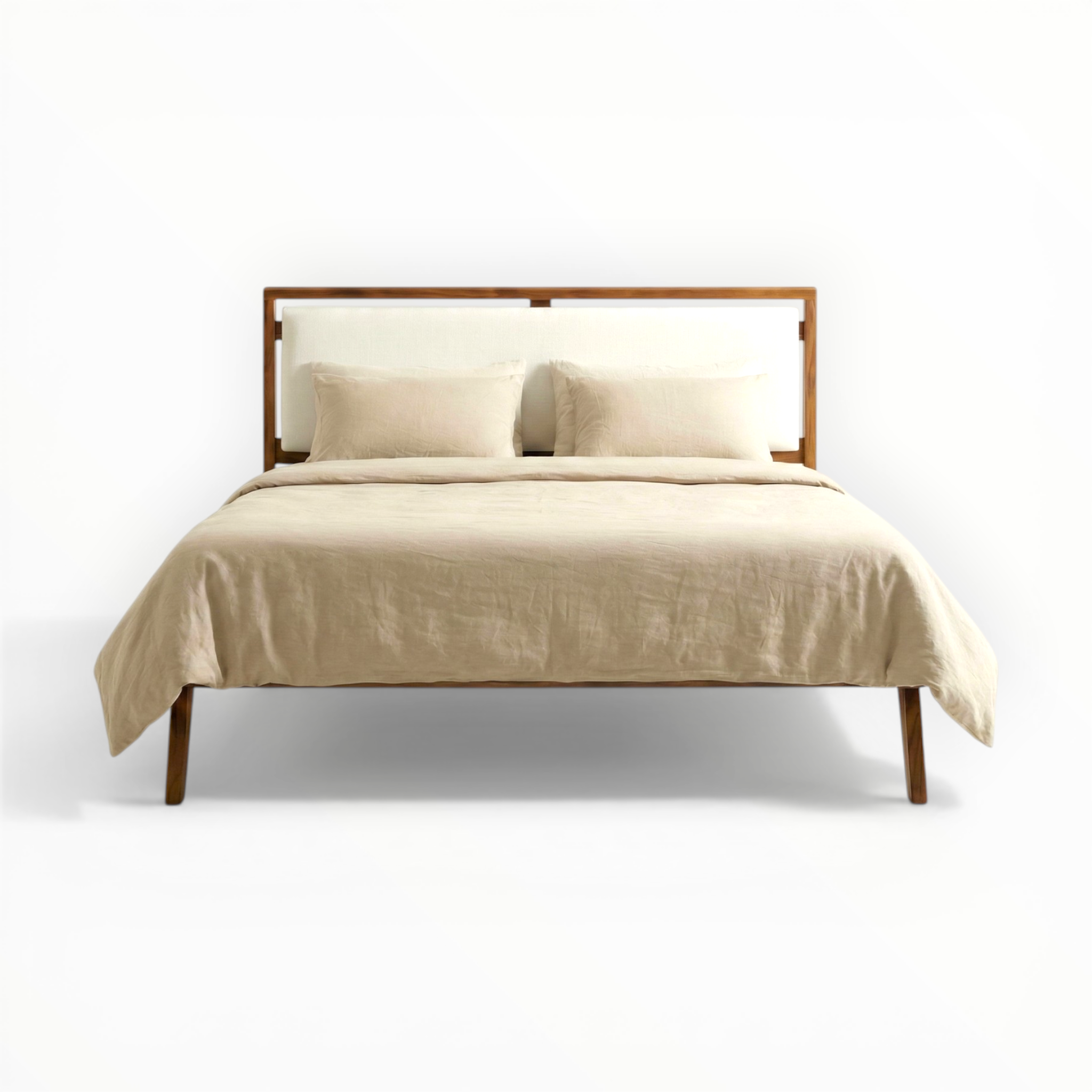 Beige bed with wooden headboard on a white background