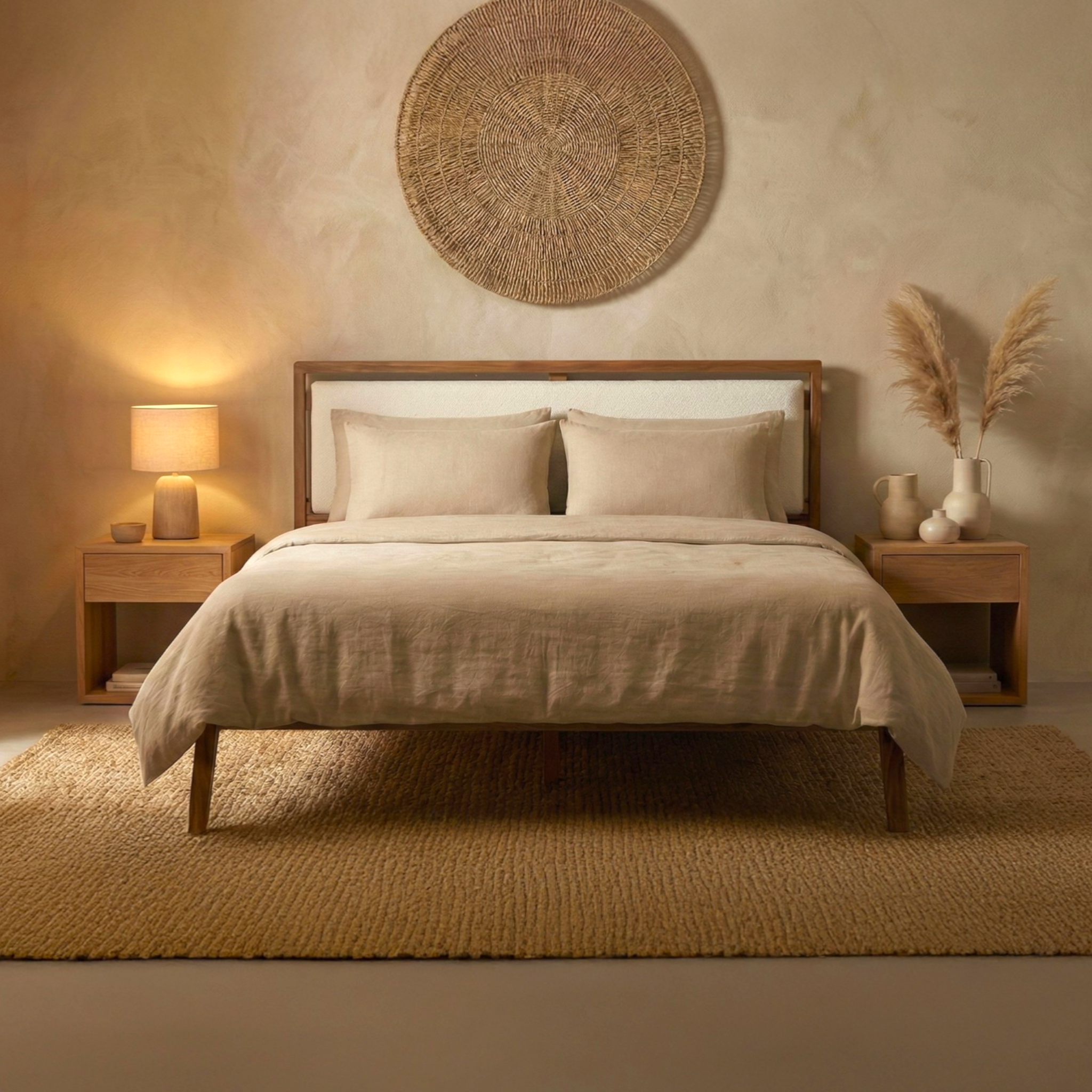 Bedroom with wooden bed, beige bedding, and decorative elements on a warm-toned wall.