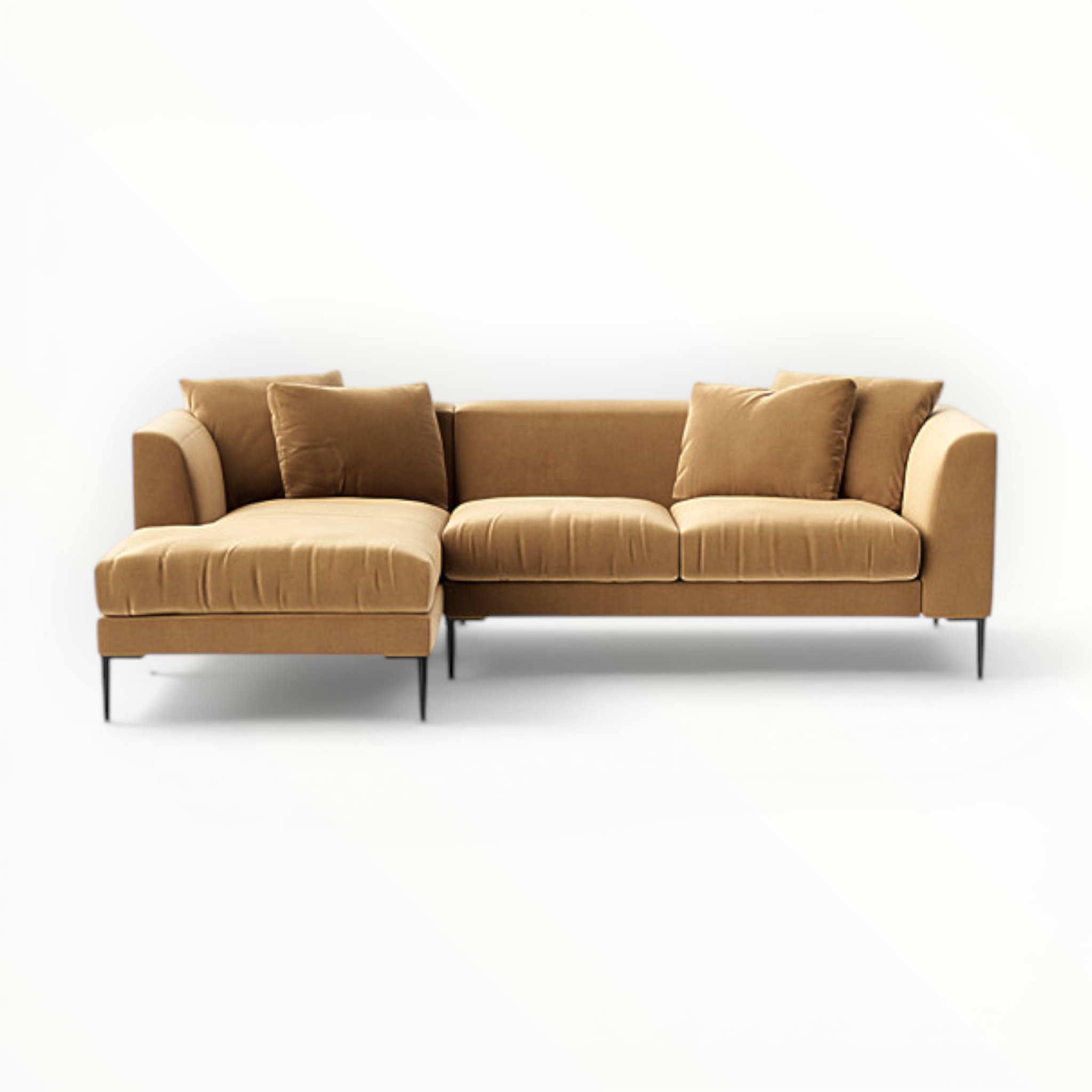Brown sectional sofa with cushions on a white background