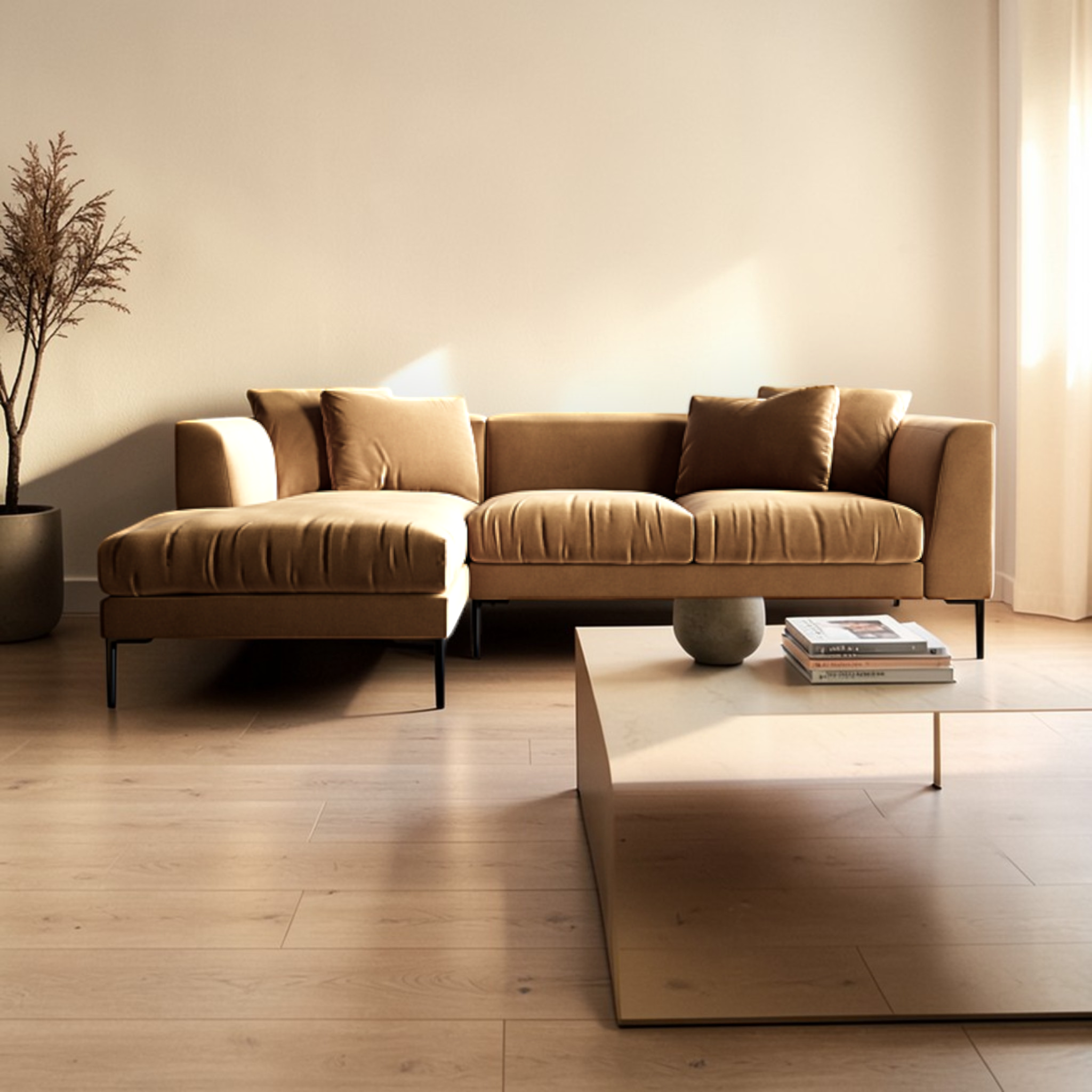 Modern living room with a beige sectional sofa, coffee table, and decorative elements.
