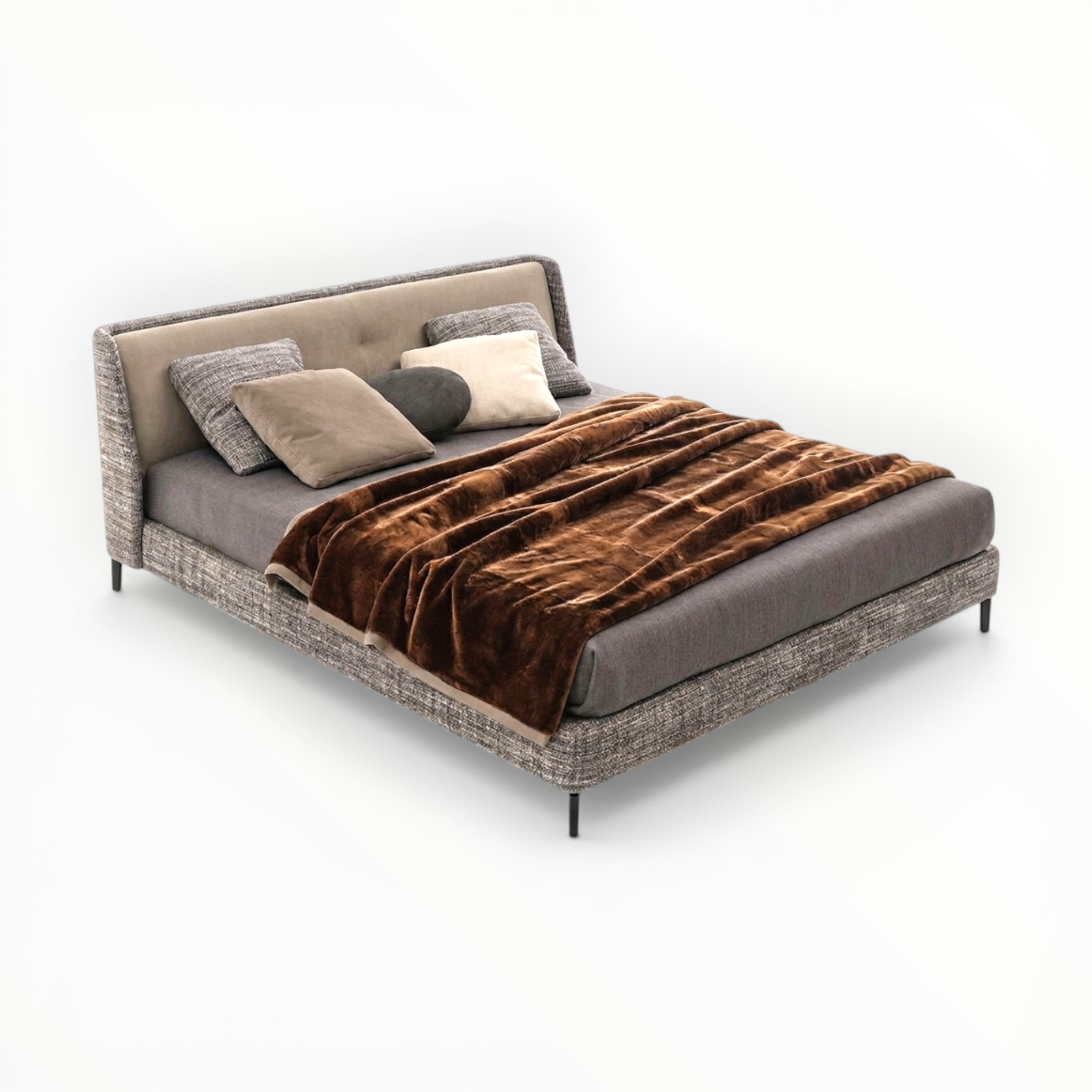 Modern bed with brown bedding and pillows on a white background
