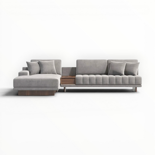 Gray sectional sofa with wooden coffee table on a white background
