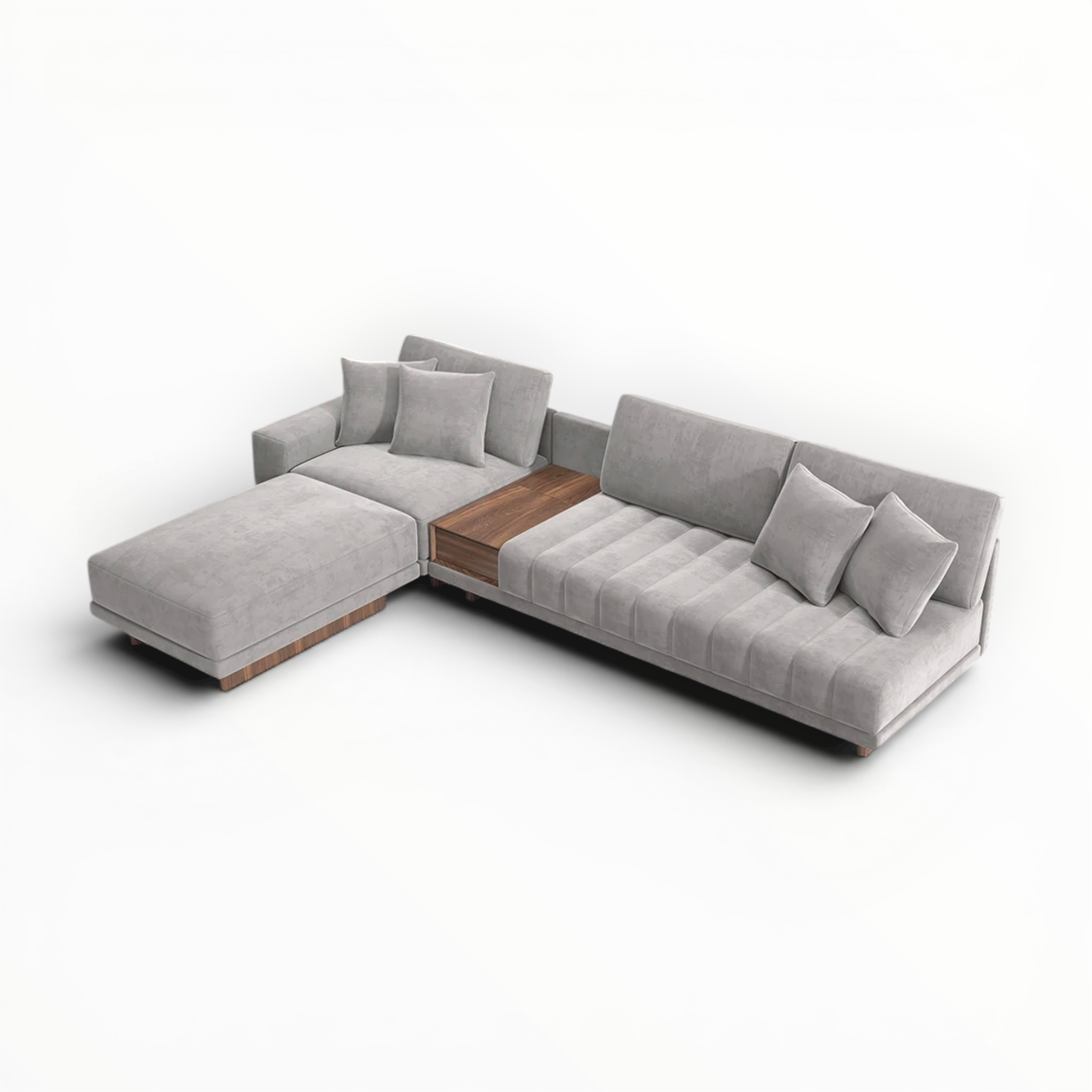 Gray sectional sofa with wooden coffee table on a white background