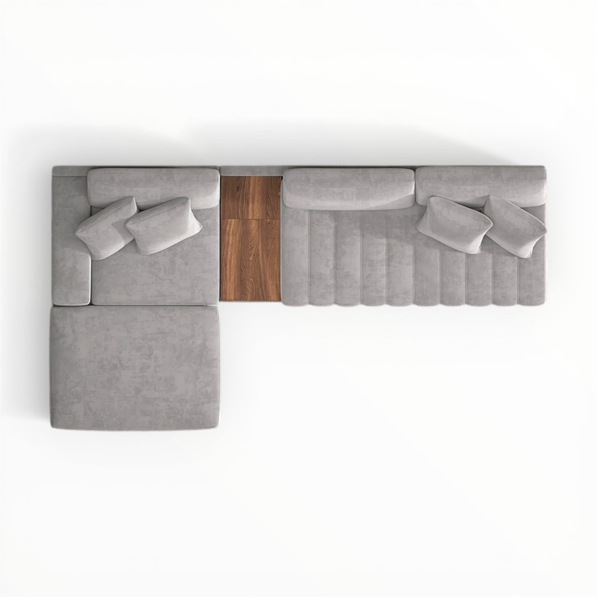 Gray sectional sofa with a wooden table in the middle on a white background