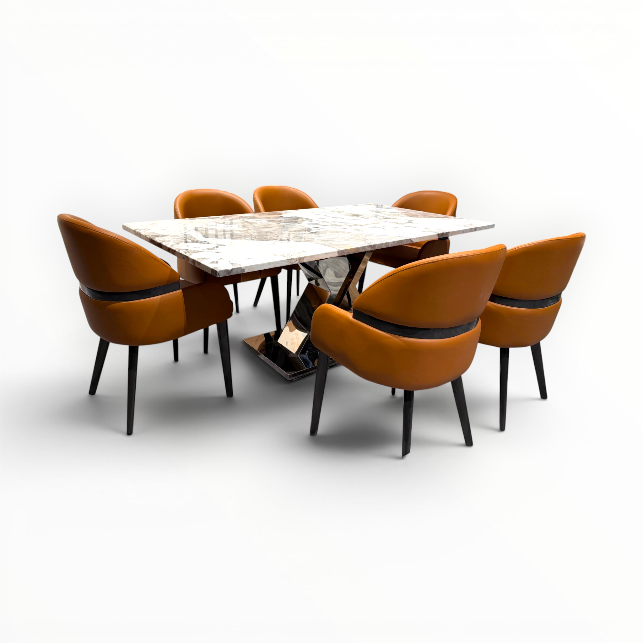 Amber | Imported 6-Seater Dining Table Set | Artificial Marble Top & Chrome Steel Base