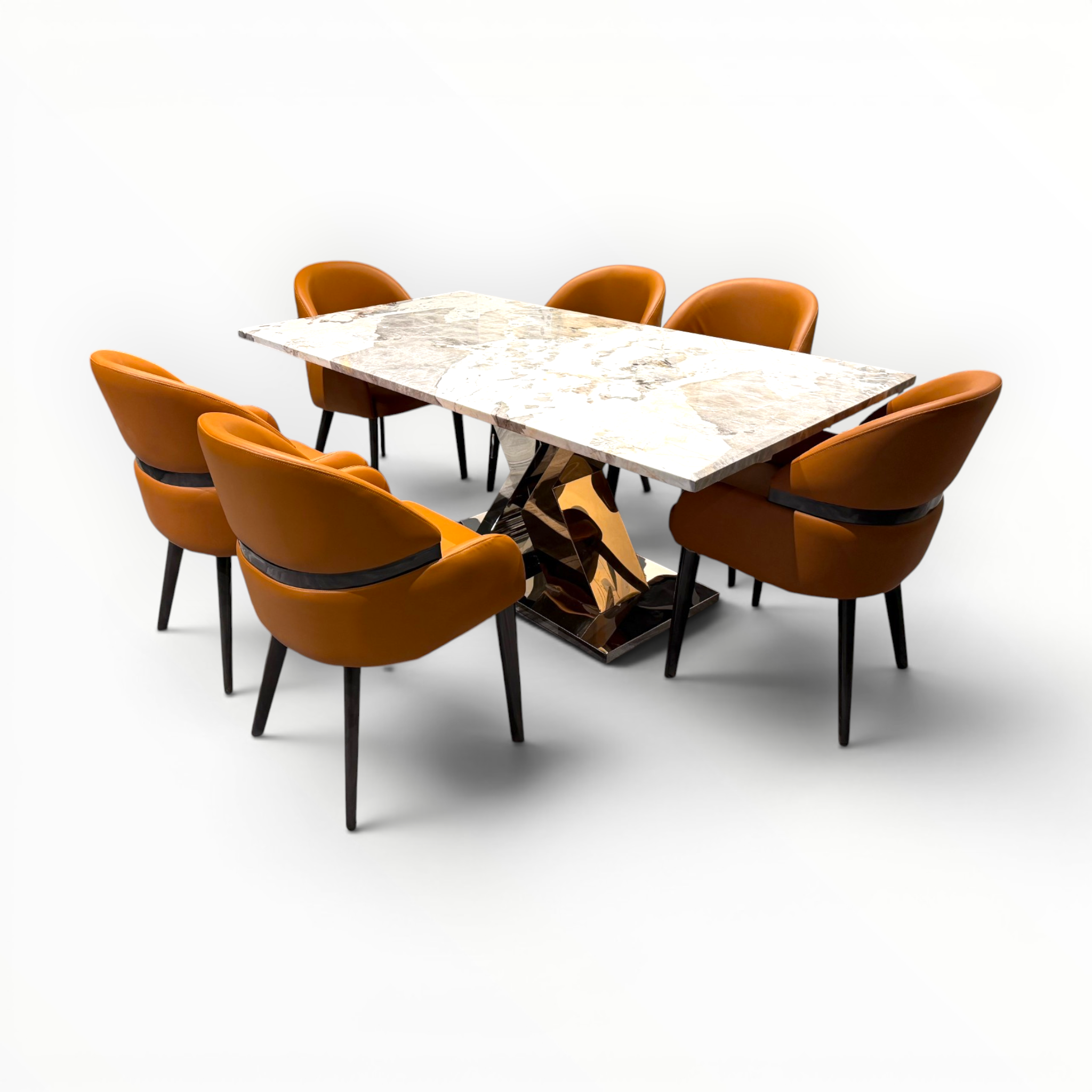 Amber | Imported 6-Seater Dining Table Set | Artificial Marble Top & Chrome Steel Base
