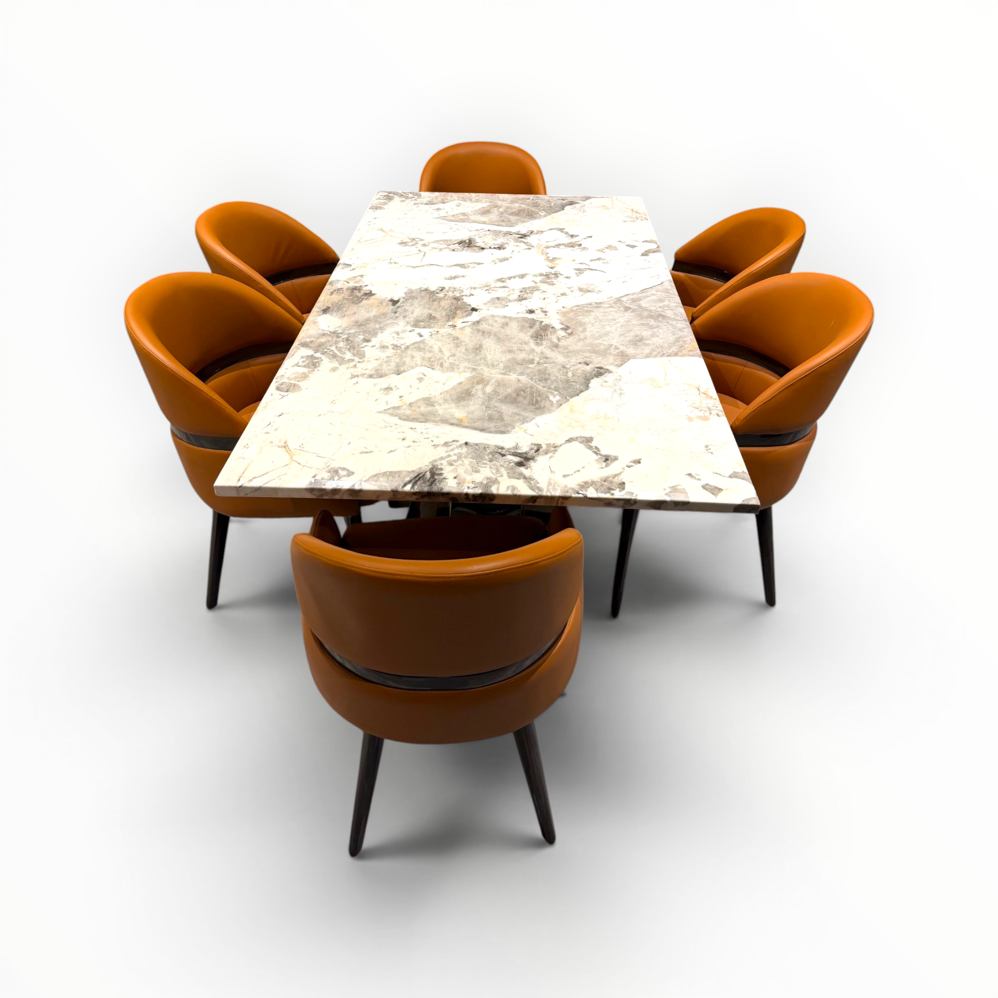 Amber | Imported 6-Seater Dining Table Set | Artificial Marble Top & Chrome Steel Base