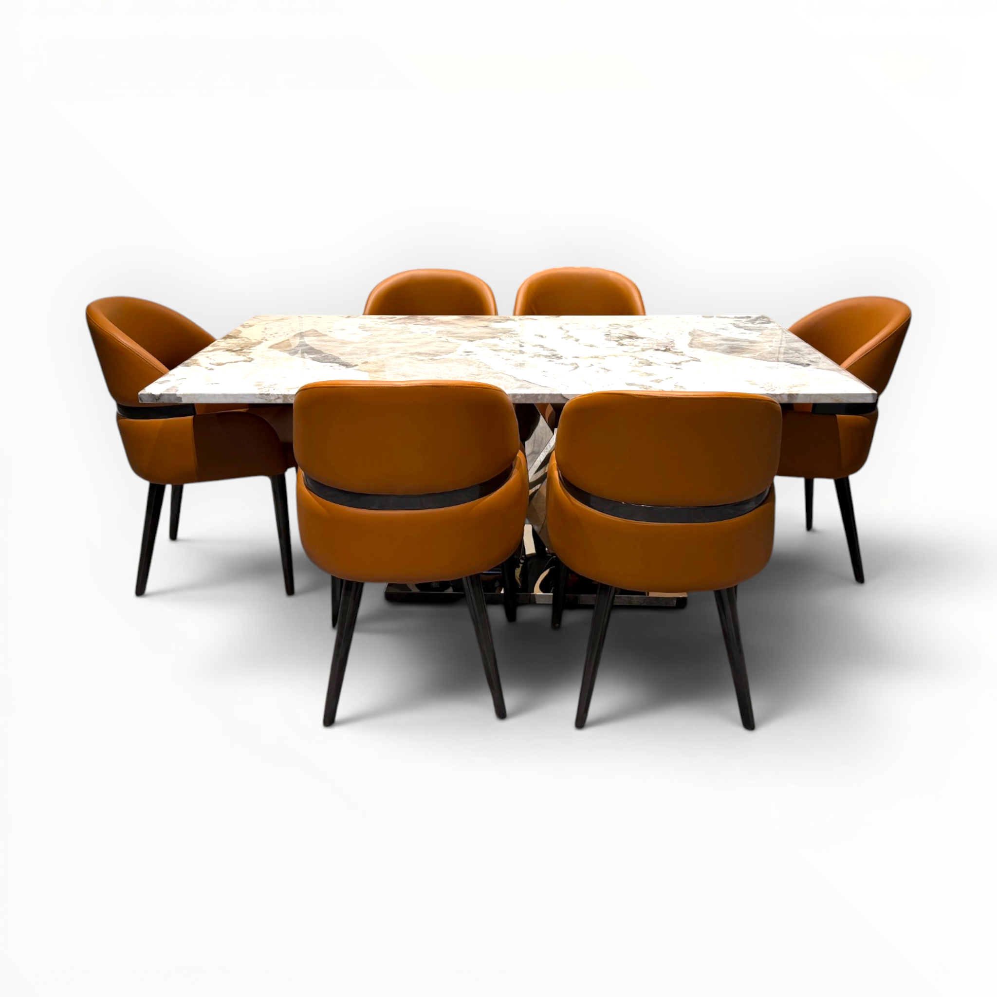Amber | Imported 6-Seater Dining Table Set | Artificial Marble Top & Chrome Steel Base