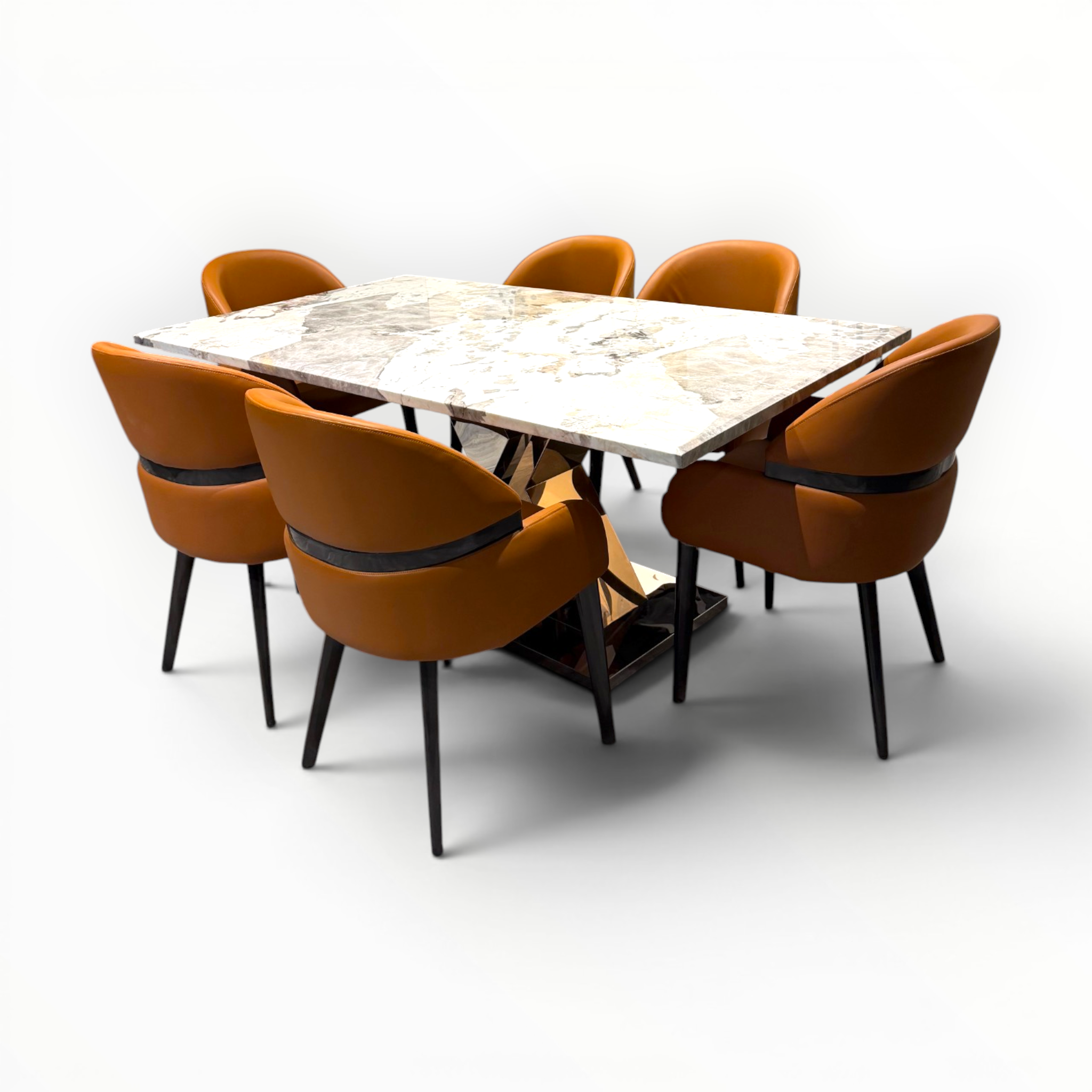 Amber | Imported 6-Seater Dining Table Set | Artificial Marble Top & Chrome Steel Base