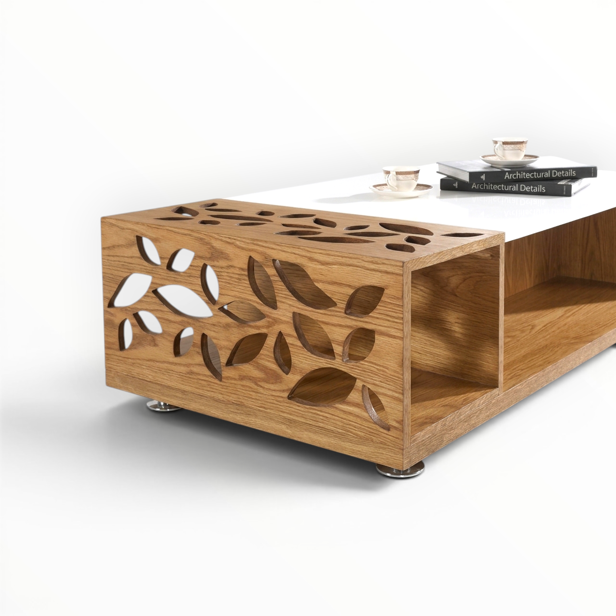 Wooden coffee table with leaf-patterned design on a white background