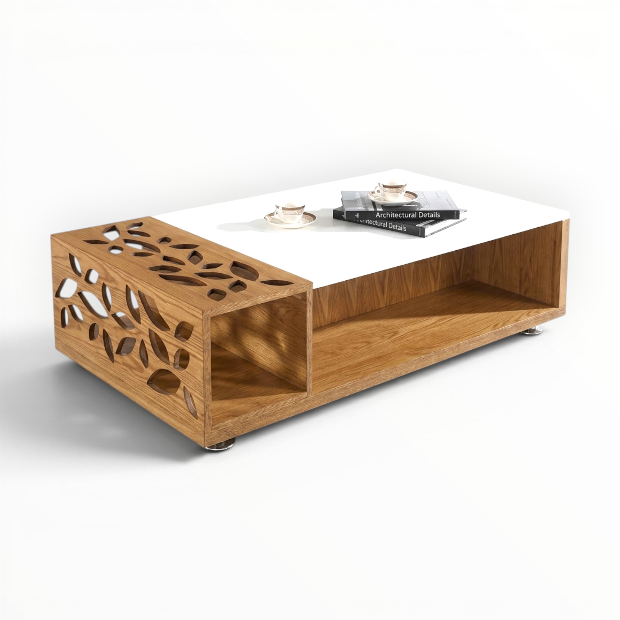 Wooden coffee table with white top on a white background