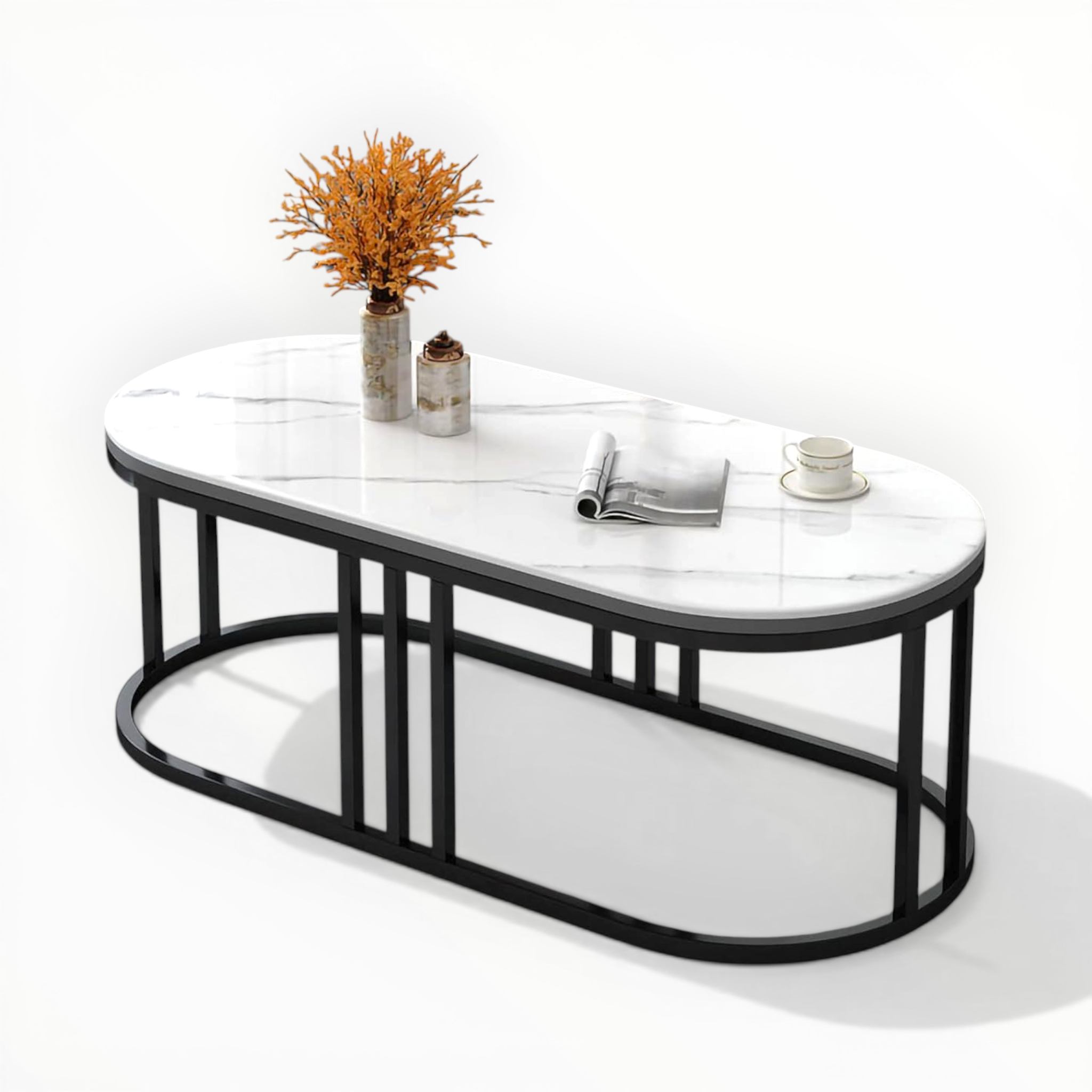 Arcade Oval Coffee Table | Marble-Finish Tile Top & Colonnade Metal Base