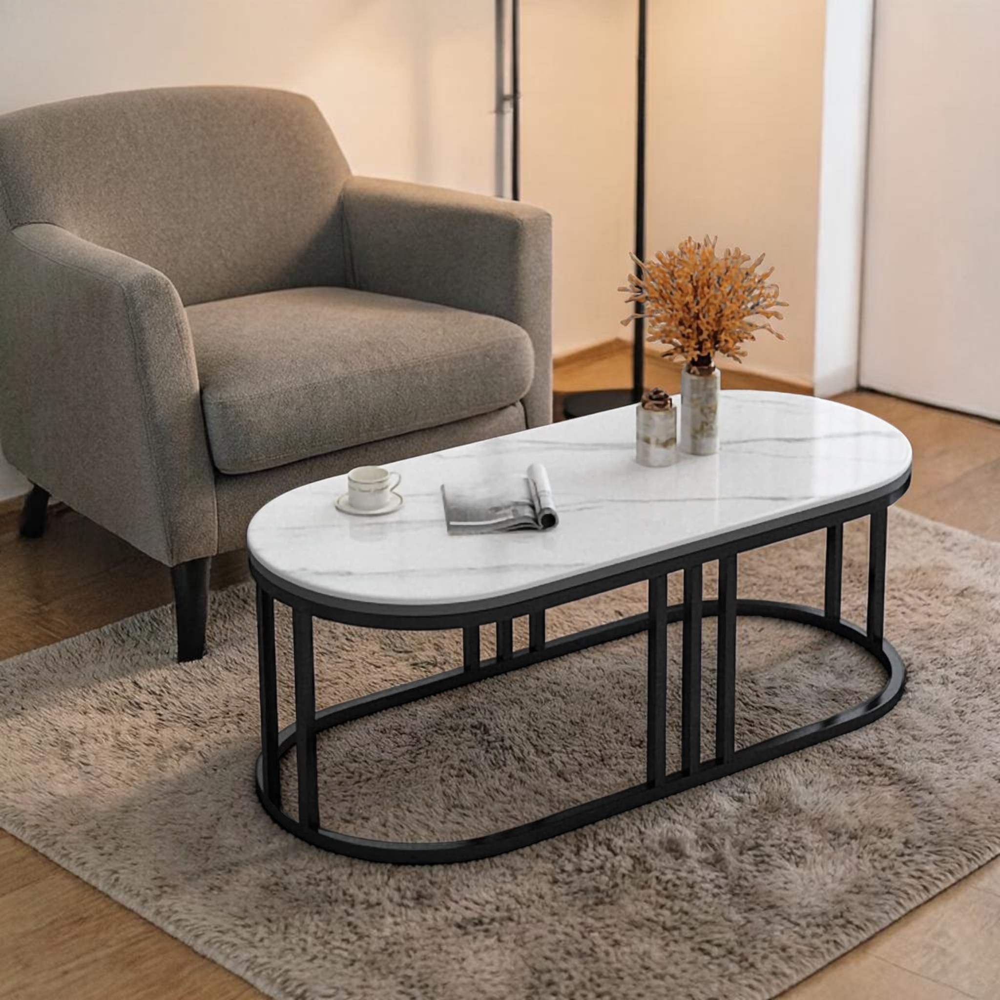 Arcade Oval Coffee Table | Marble-Finish Tile Top & Colonnade Metal Base